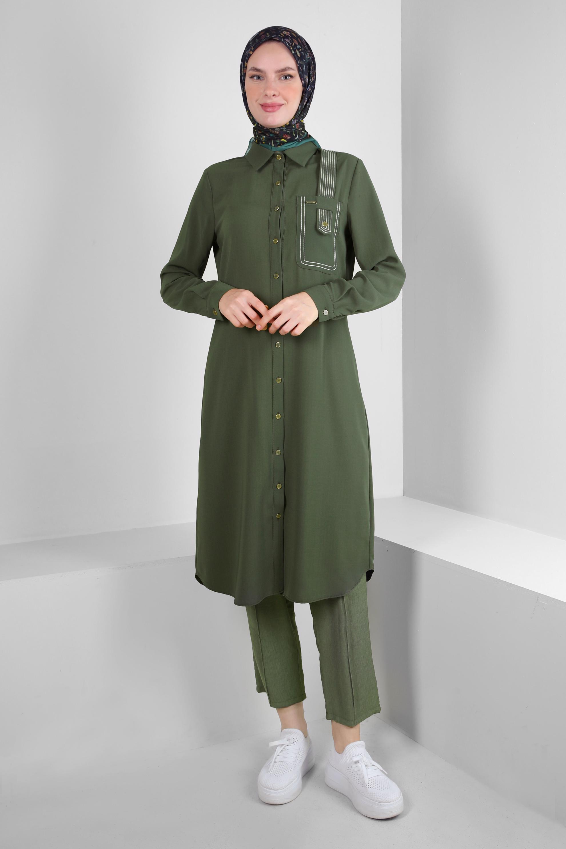 Tesettür giyim HAKİ DİKİŞ DETAYLI DÜĞMELİ UZUN TUNİK 43607