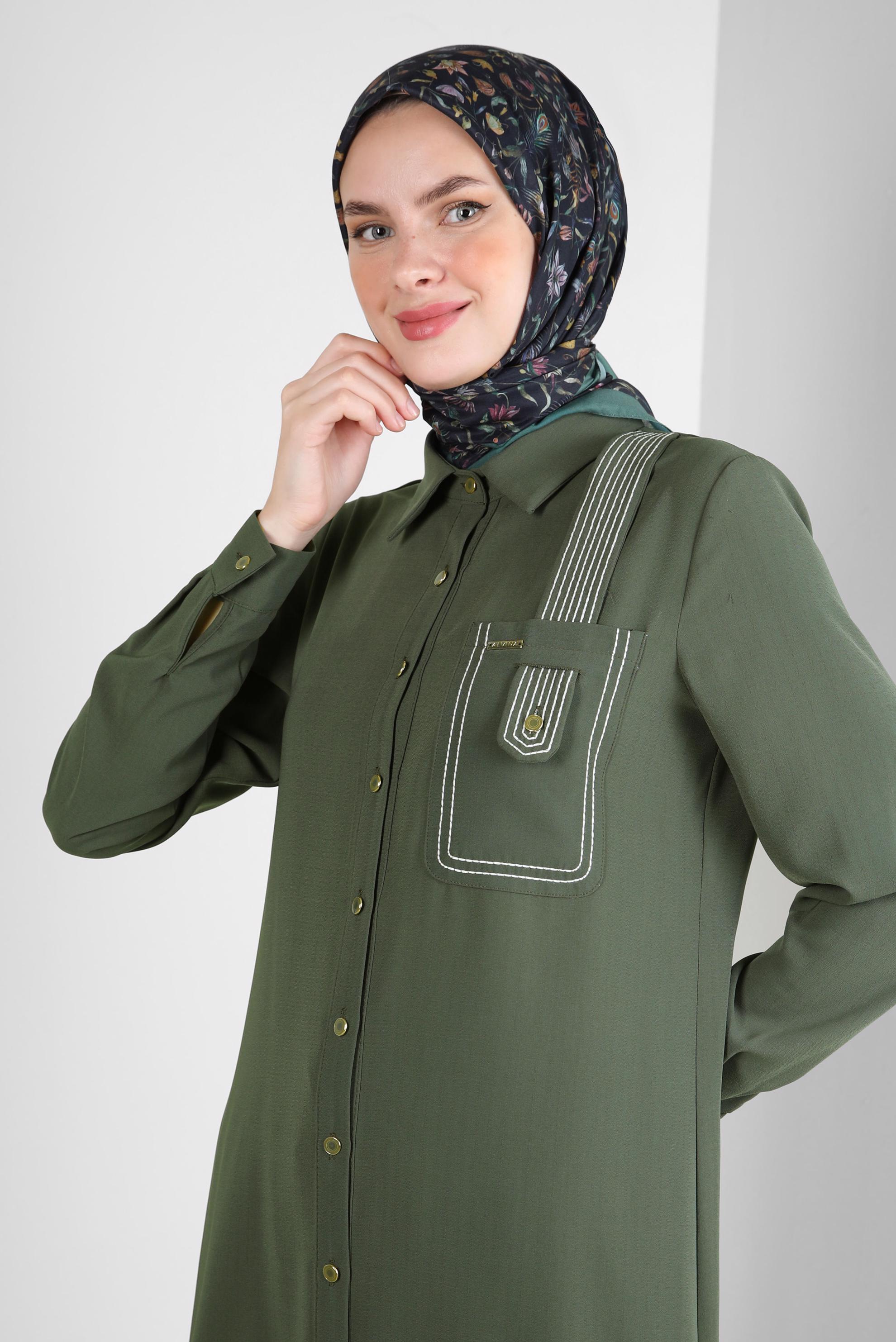 Tesettür giyim HAKİ DİKİŞ DETAYLI DÜĞMELİ UZUN TUNİK 43607