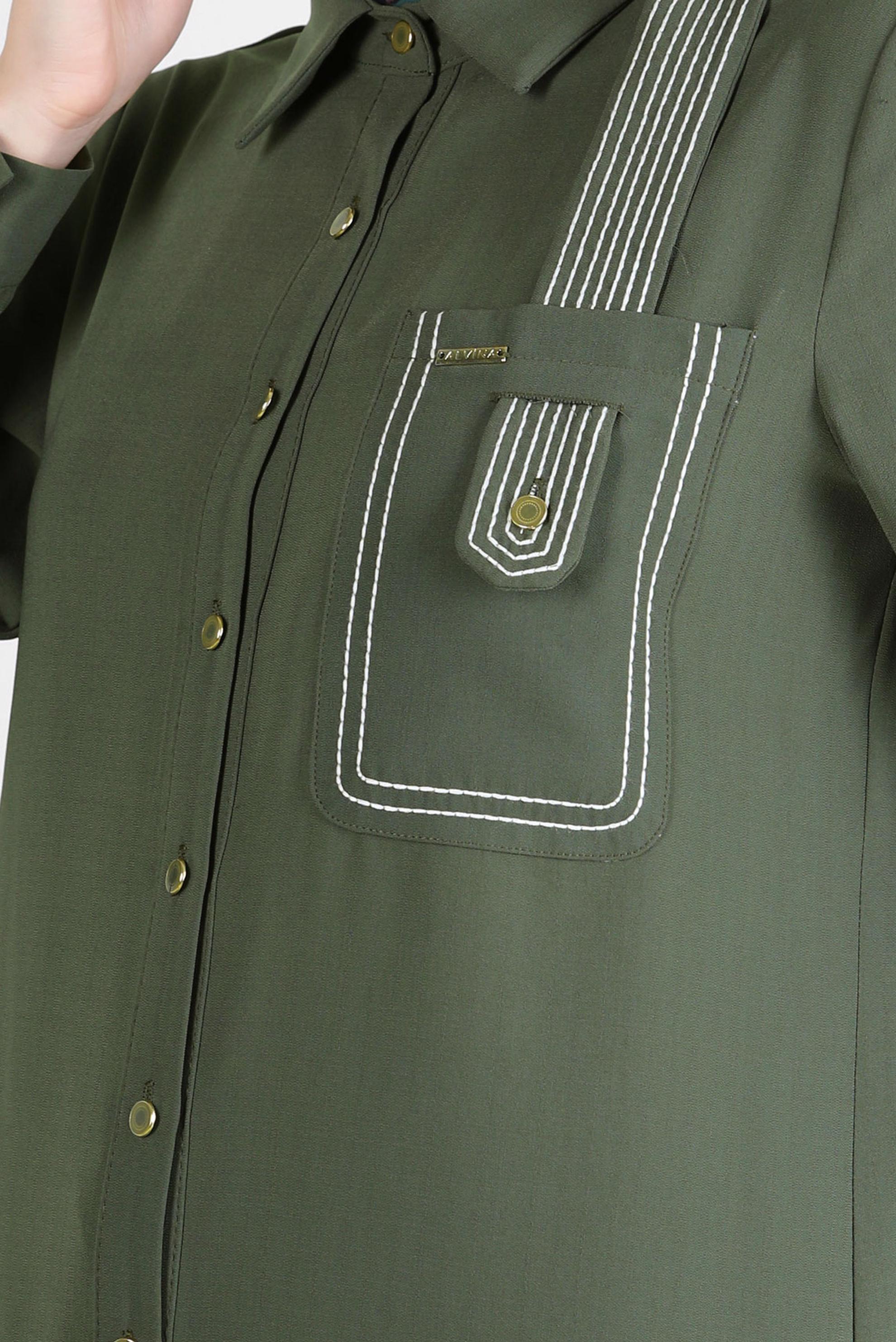 Tesettür giyim HAKİ DİKİŞ DETAYLI DÜĞMELİ UZUN TUNİK 43607