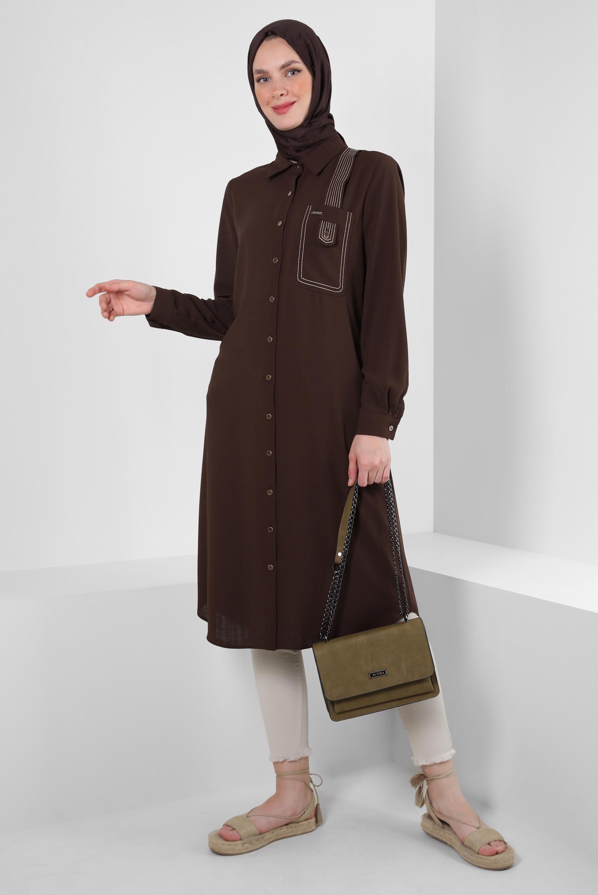 Tesettür giyim KAHVE DİKİŞ DETAYLI DÜĞMELİ UZUN TUNİK 43607