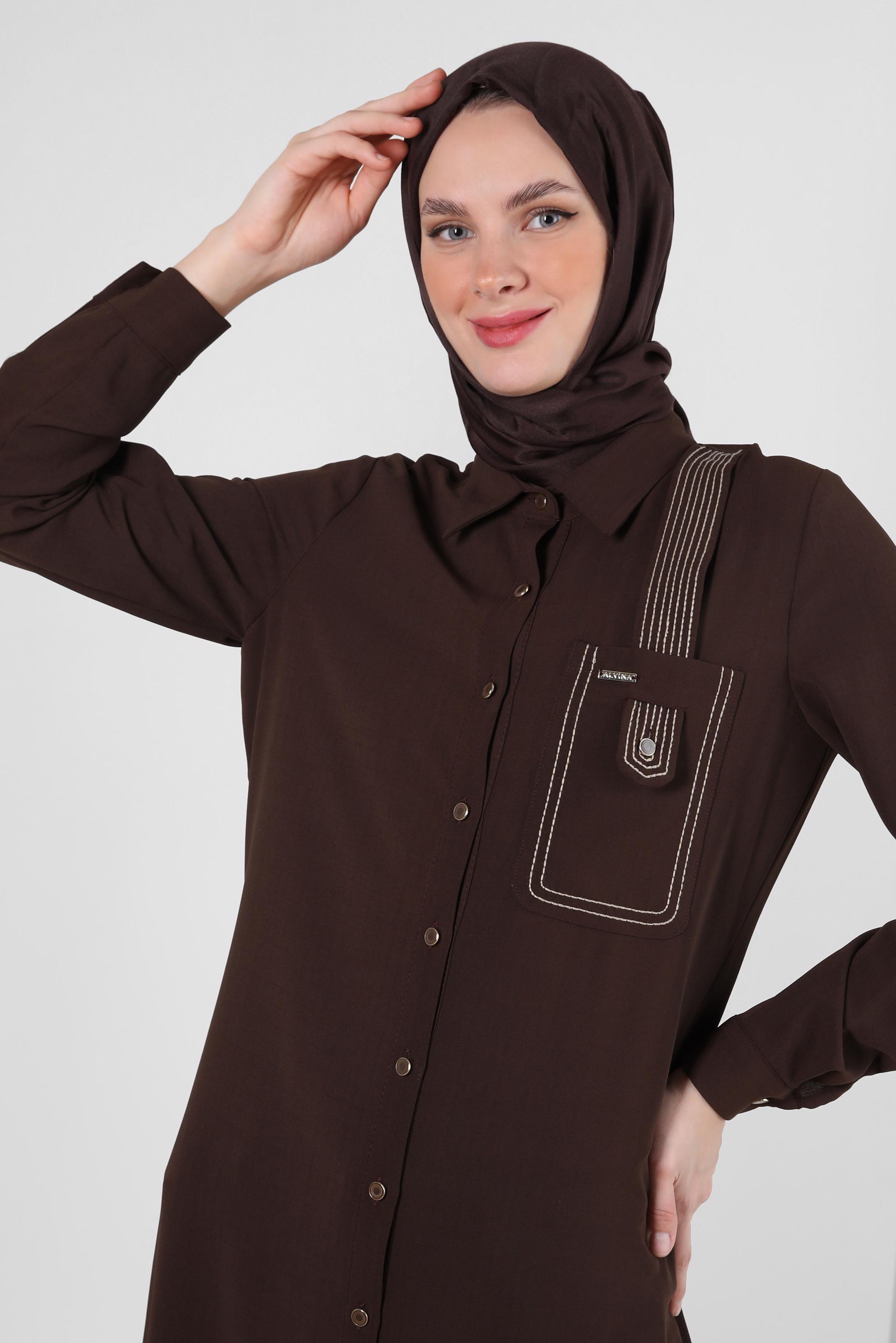 Tesettür giyim KAHVE DİKİŞ DETAYLI DÜĞMELİ UZUN TUNİK 43607