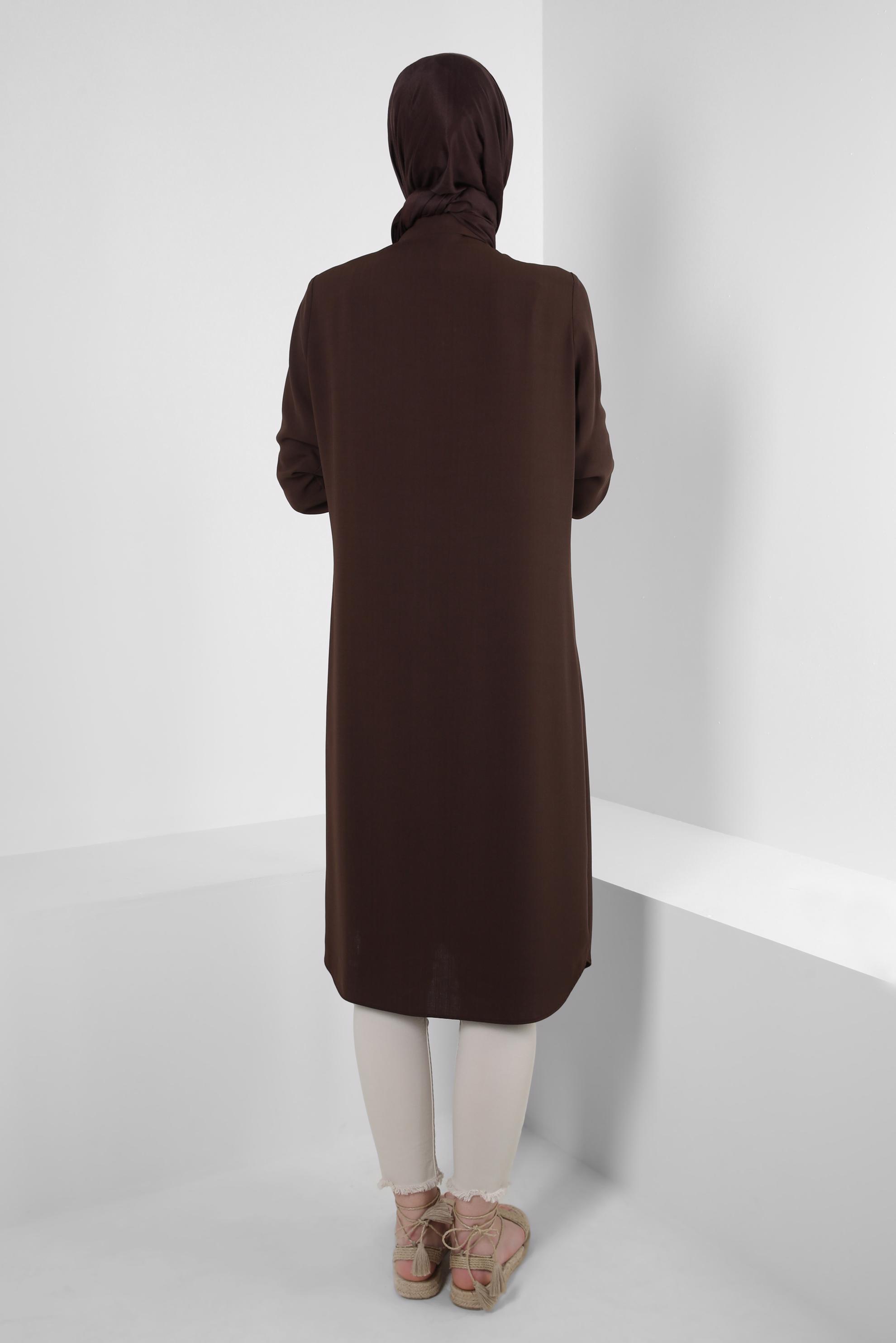 Tesettür giyim KAHVE DİKİŞ DETAYLI DÜĞMELİ UZUN TUNİK 43607