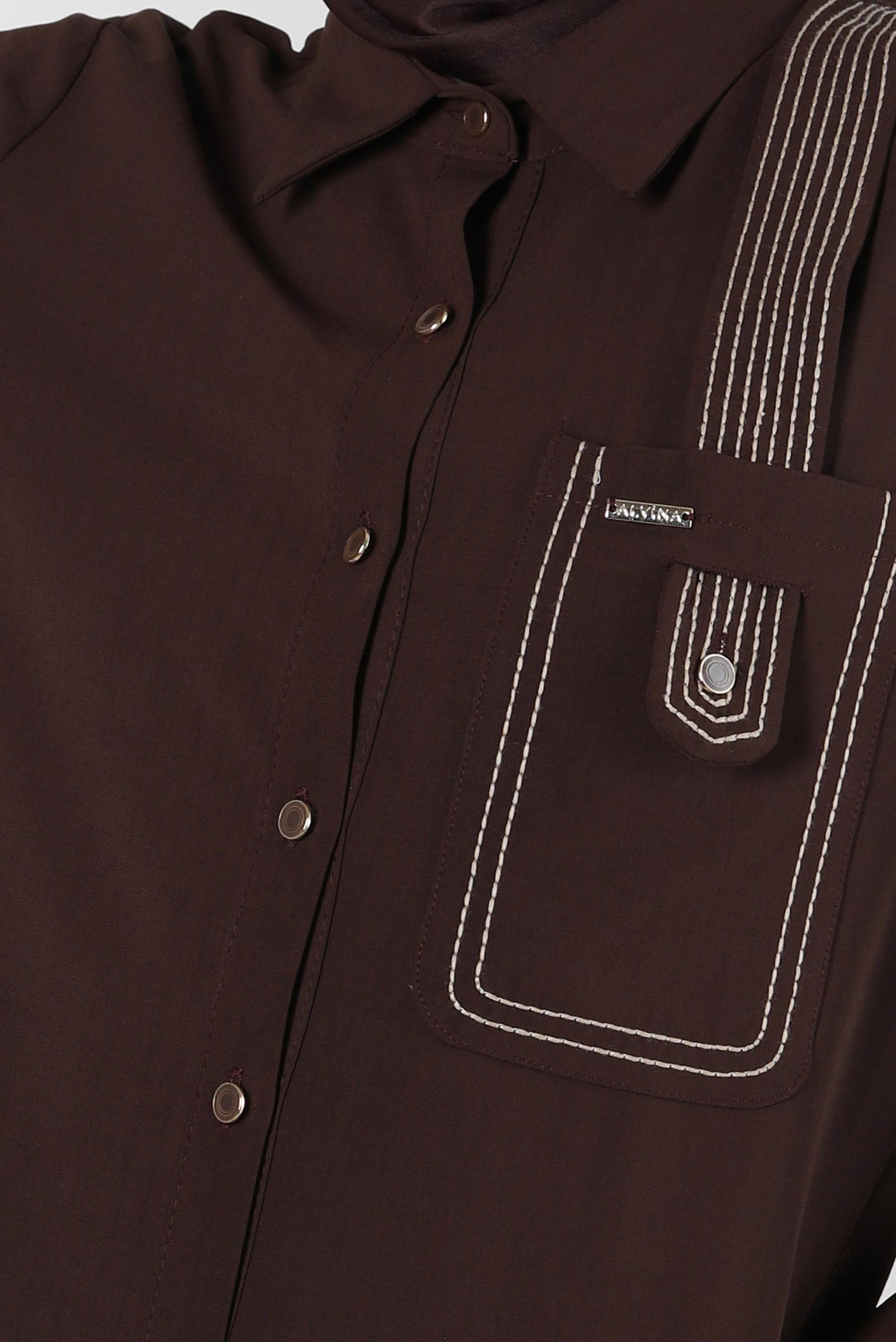 Tesettür giyim KAHVE DİKİŞ DETAYLI DÜĞMELİ UZUN TUNİK 43607