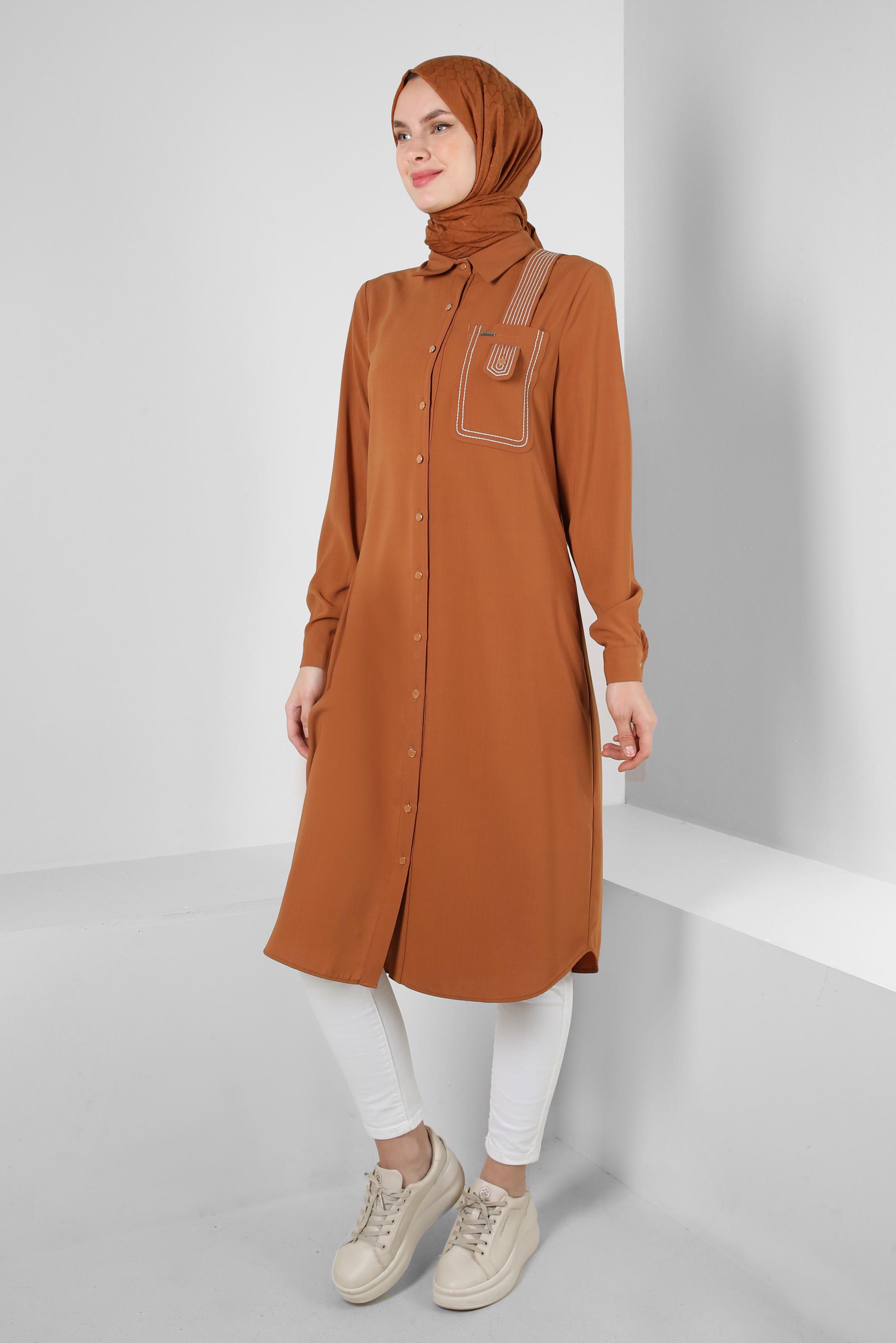 Tesettür giyim SARI DİKİŞ DETAYLI DÜĞMELİ UZUN TUNİK 43607