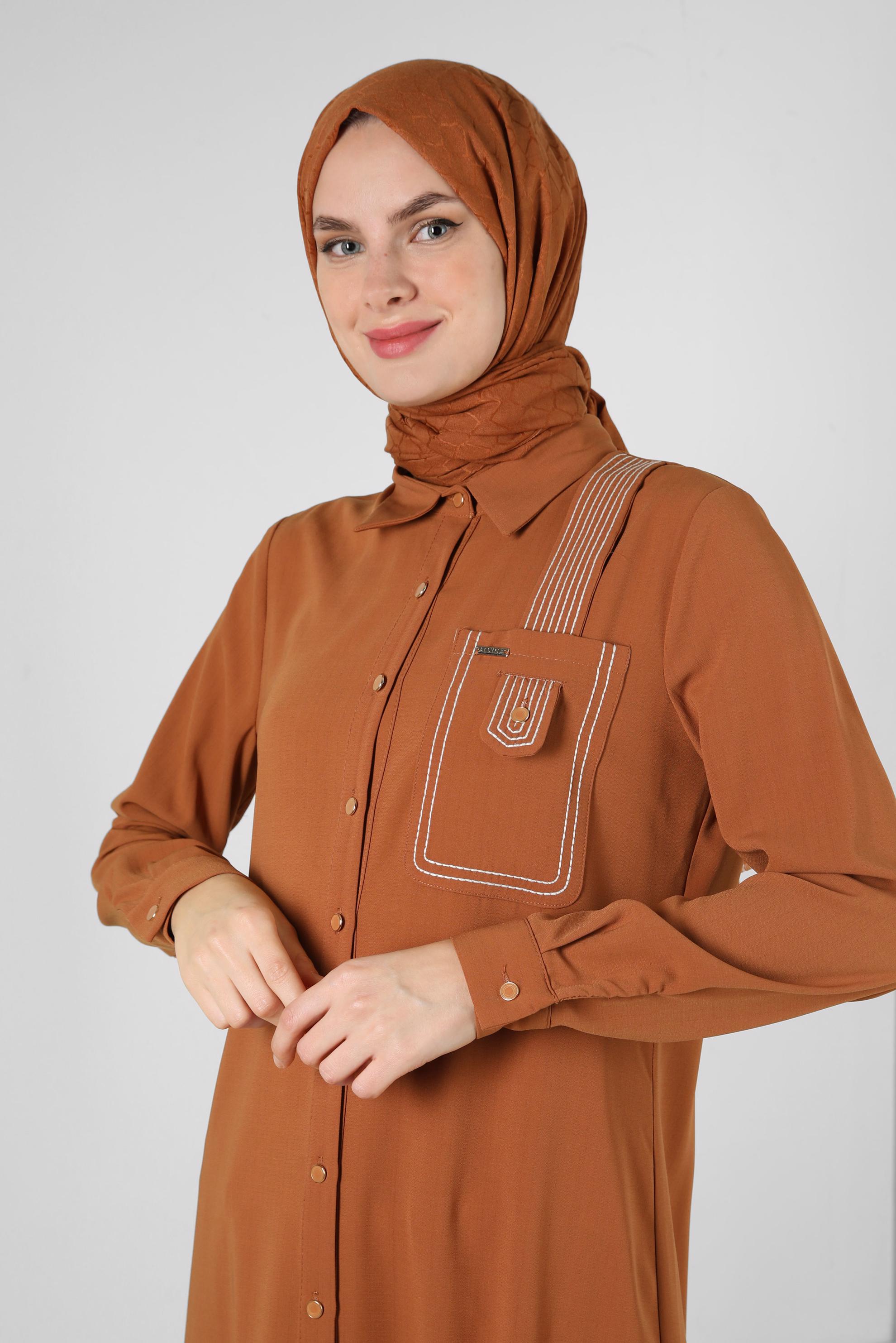 Tesettür giyim SARI DİKİŞ DETAYLI DÜĞMELİ UZUN TUNİK 43607