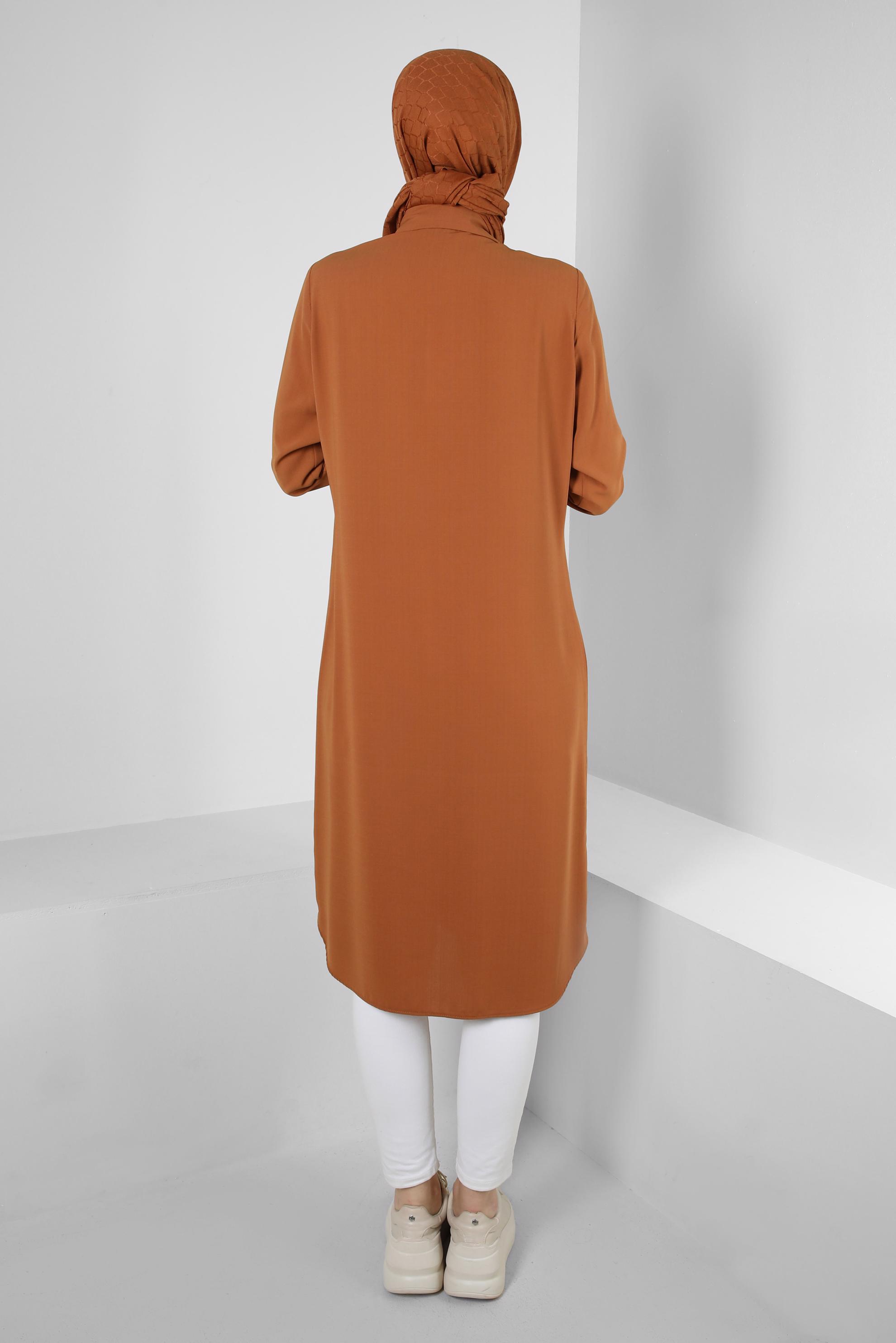 Tesettür giyim SARI DİKİŞ DETAYLI DÜĞMELİ UZUN TUNİK 43607