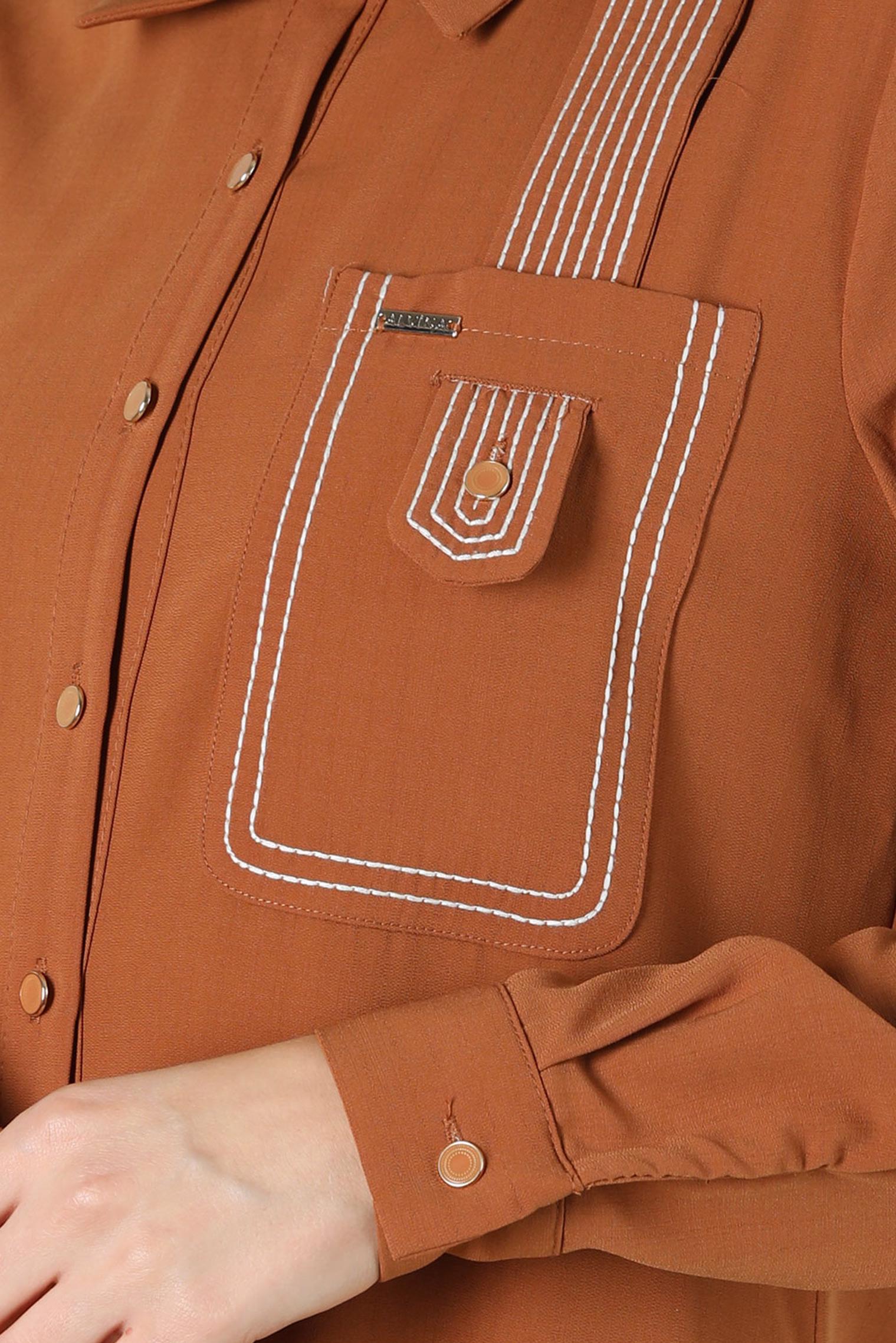 Tesettür giyim SARI DİKİŞ DETAYLI DÜĞMELİ UZUN TUNİK 43607