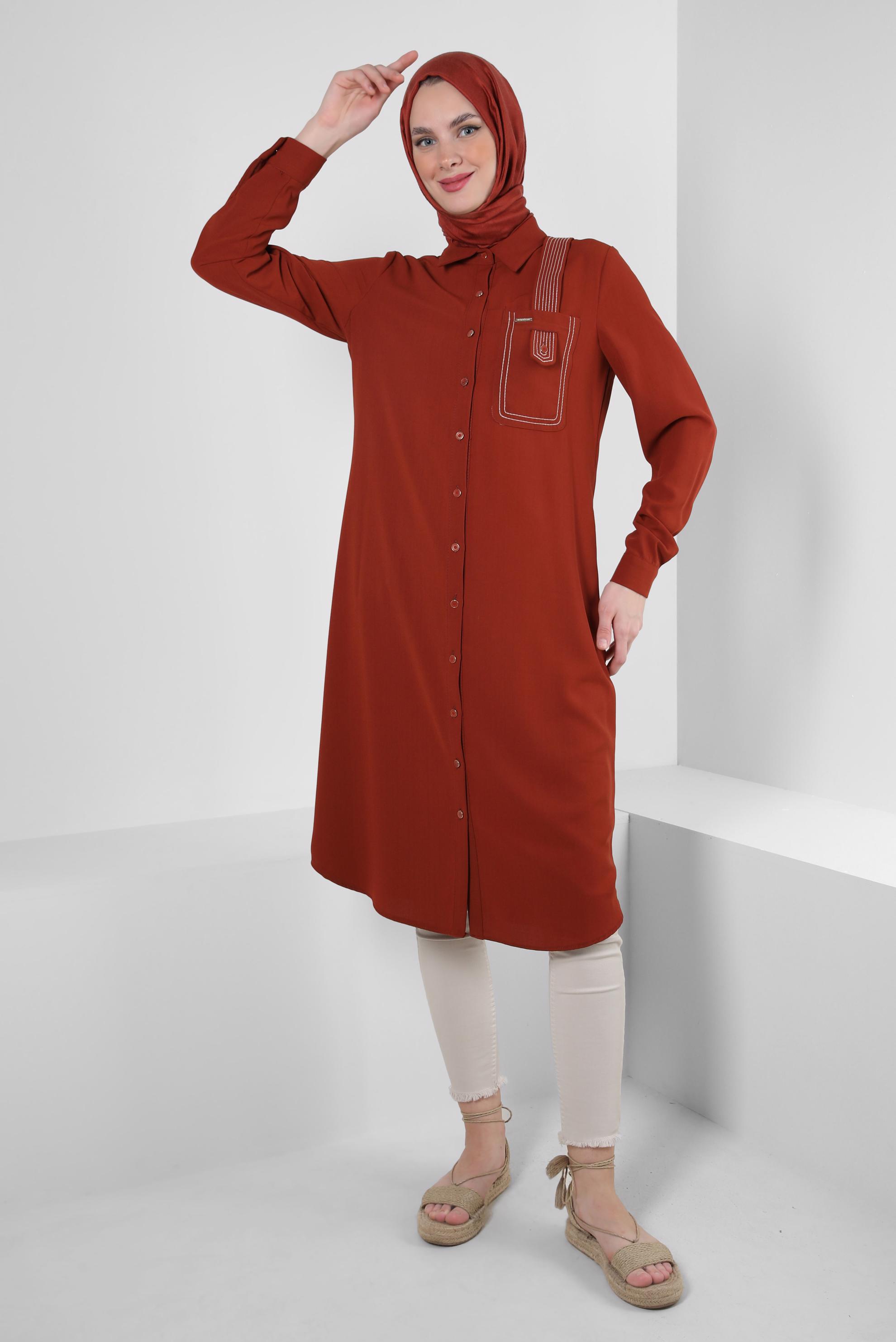 Tesettür giyim KAHVE DİKİŞ DETAYLI DÜĞMELİ UZUN TUNİK 43607