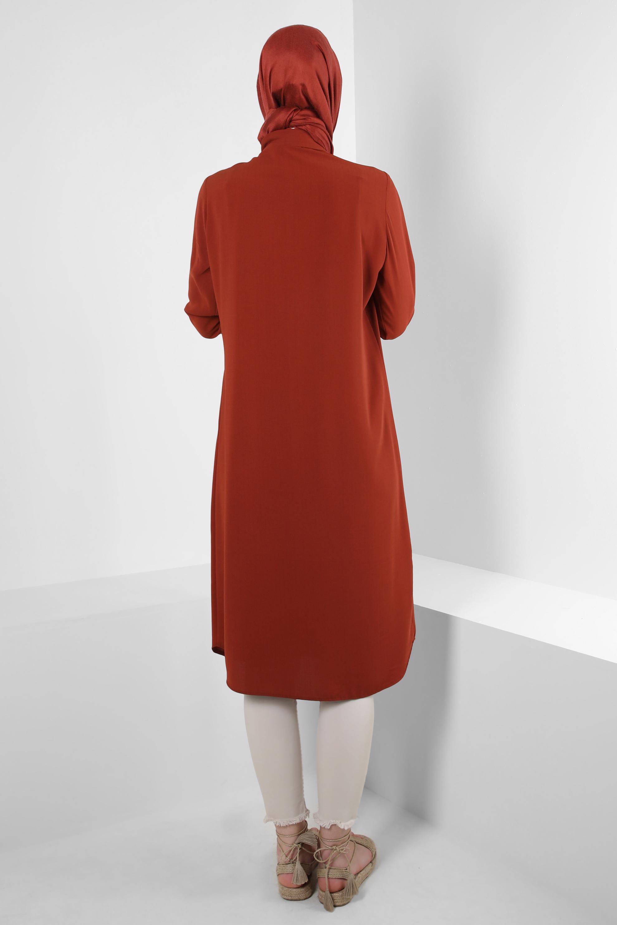 Tesettür giyim KAHVE DİKİŞ DETAYLI DÜĞMELİ UZUN TUNİK 43607