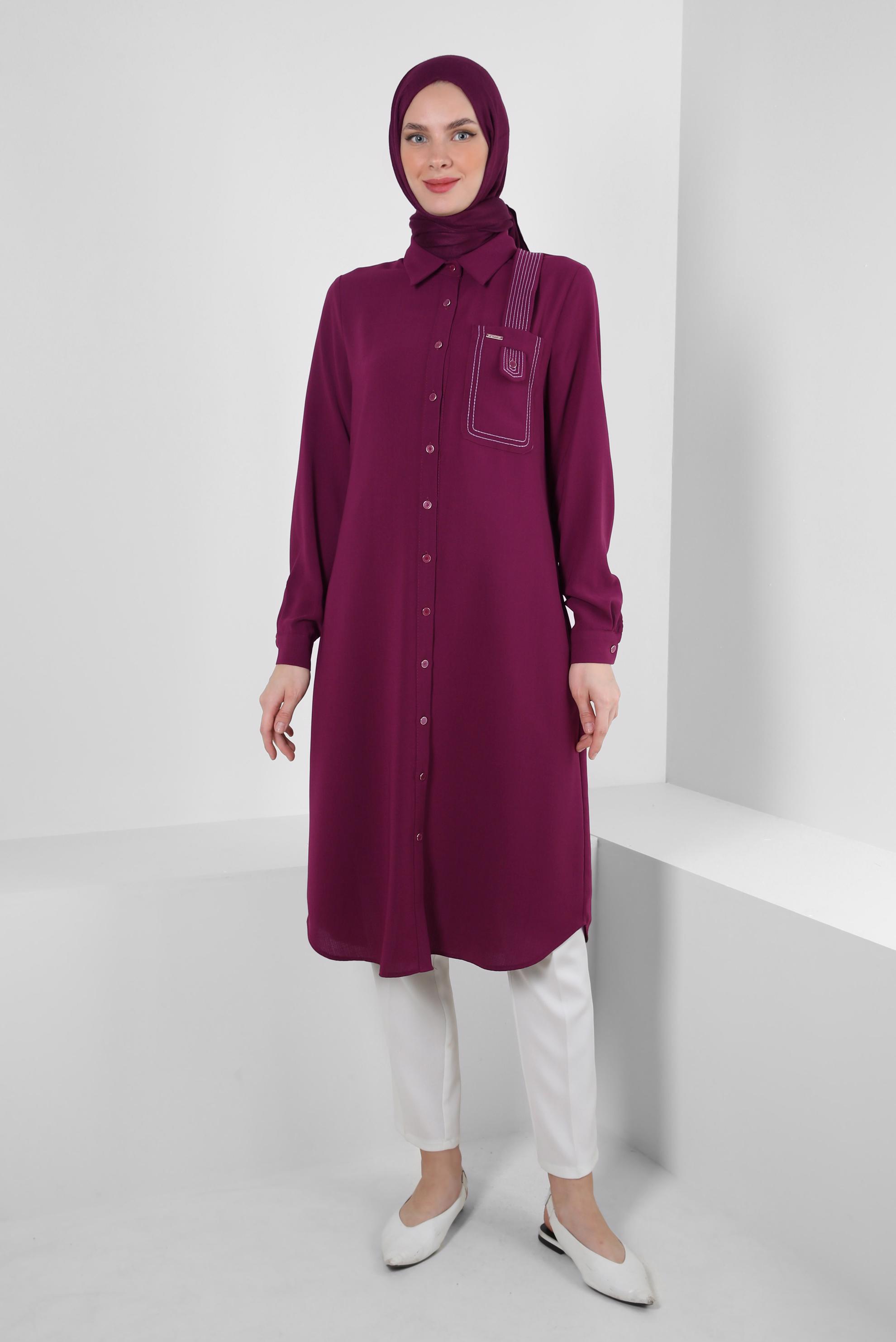 Tesettür giyim MOR DİKİŞ DETAYLI DÜĞMELİ UZUN TUNİK 43607