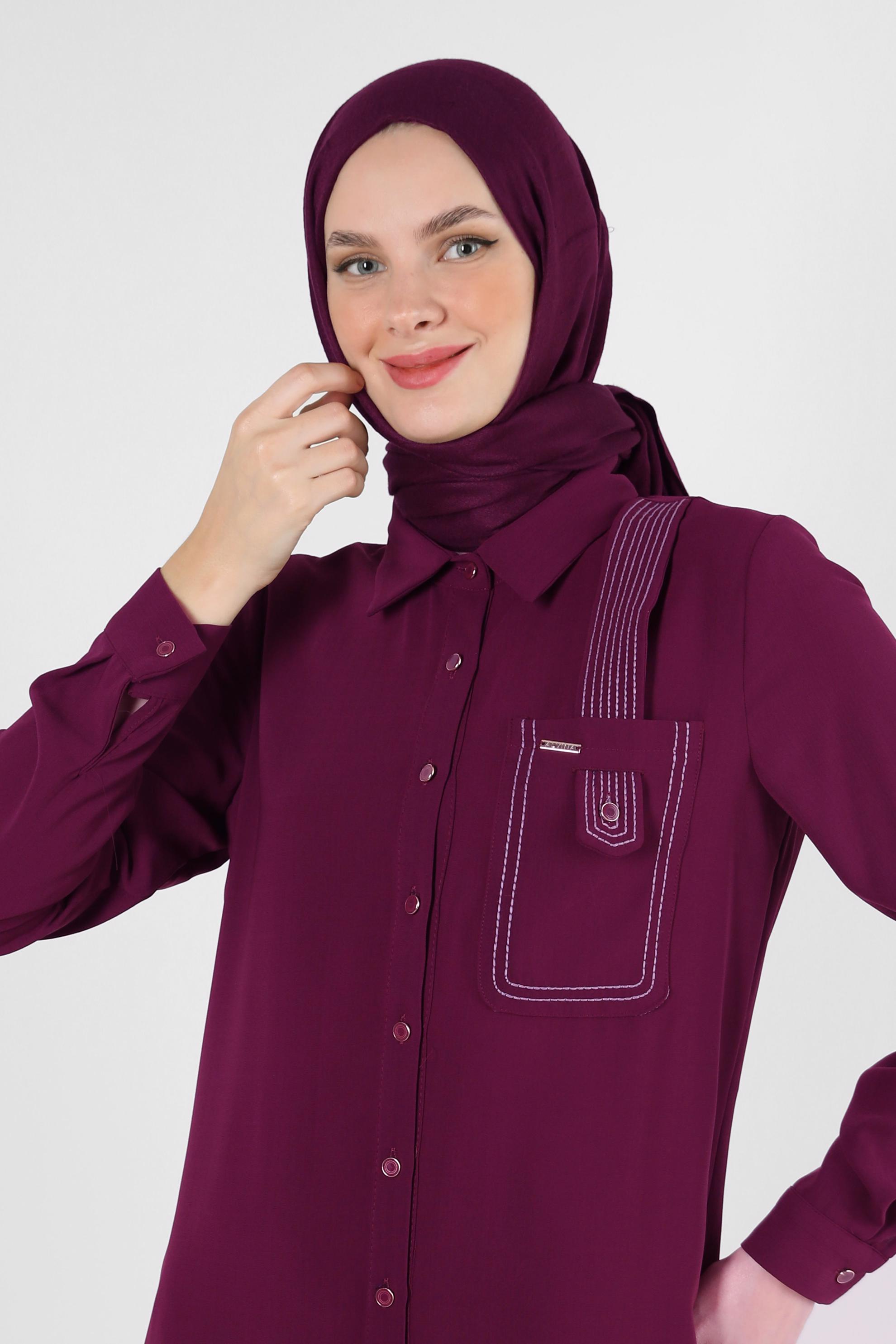 Tesettür giyim MOR DİKİŞ DETAYLI DÜĞMELİ UZUN TUNİK 43607