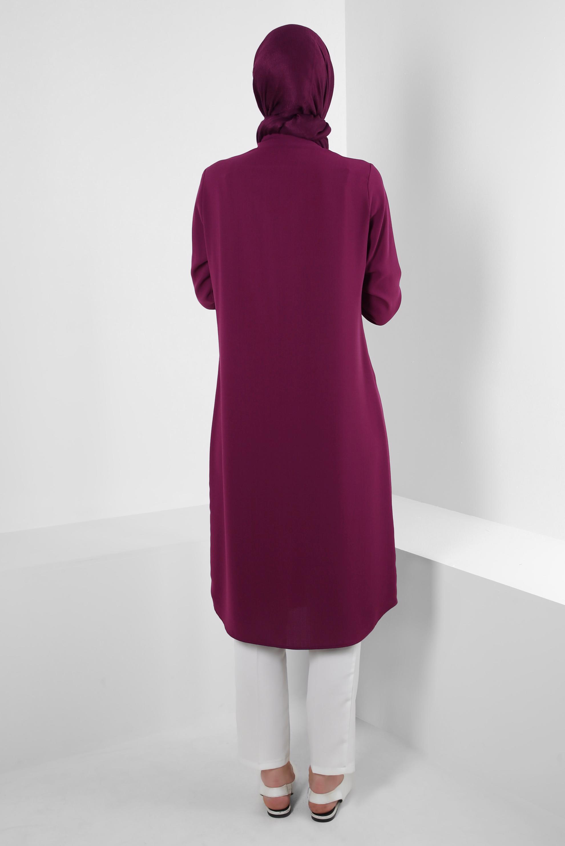 Tesettür giyim MOR DİKİŞ DETAYLI DÜĞMELİ UZUN TUNİK 43607