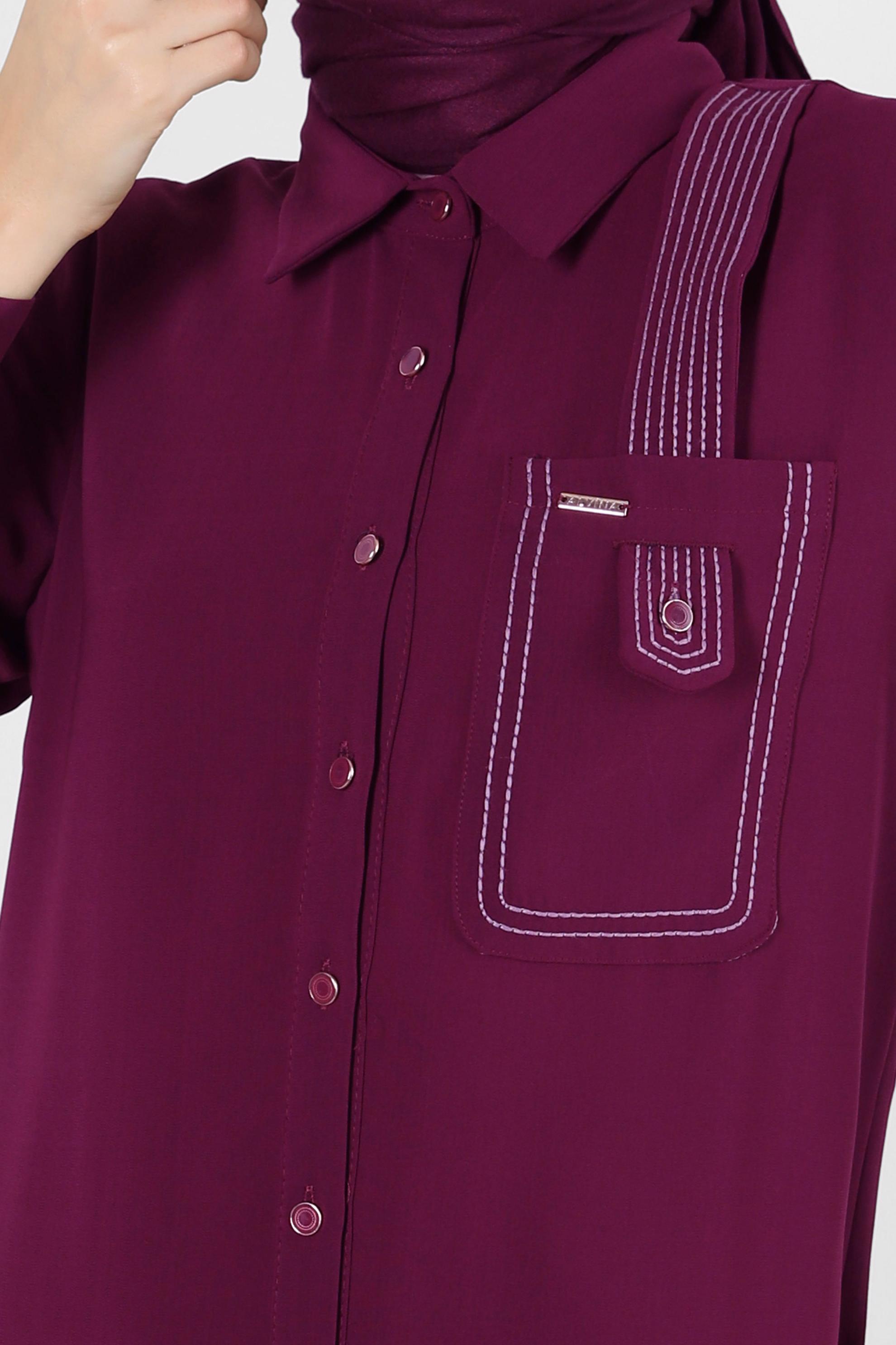 Tesettür giyim MOR DİKİŞ DETAYLI DÜĞMELİ UZUN TUNİK 43607