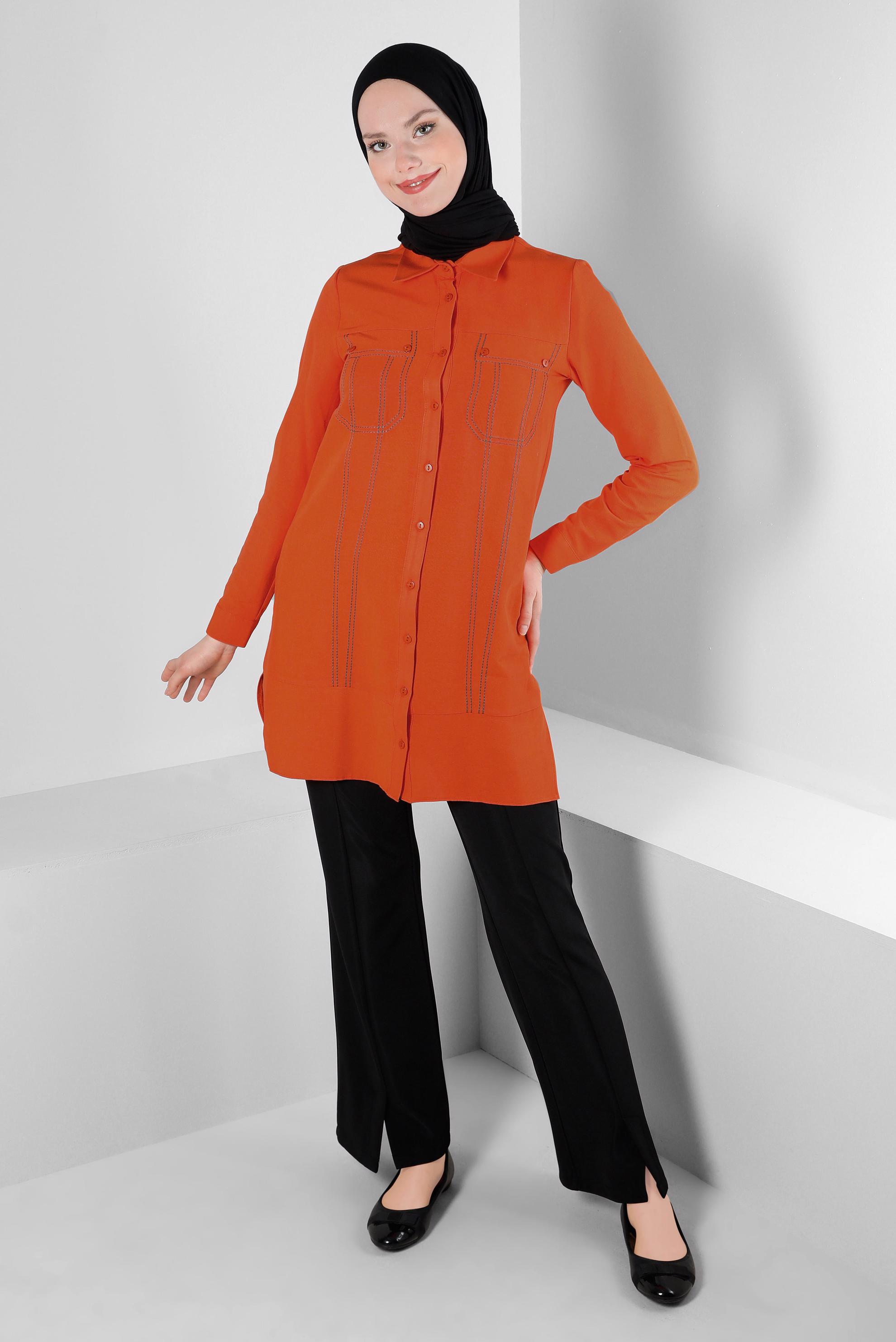 Tesettür giyim TURUNCU DİKİŞ DETAYLI GÖMLEK TUNİK 43608