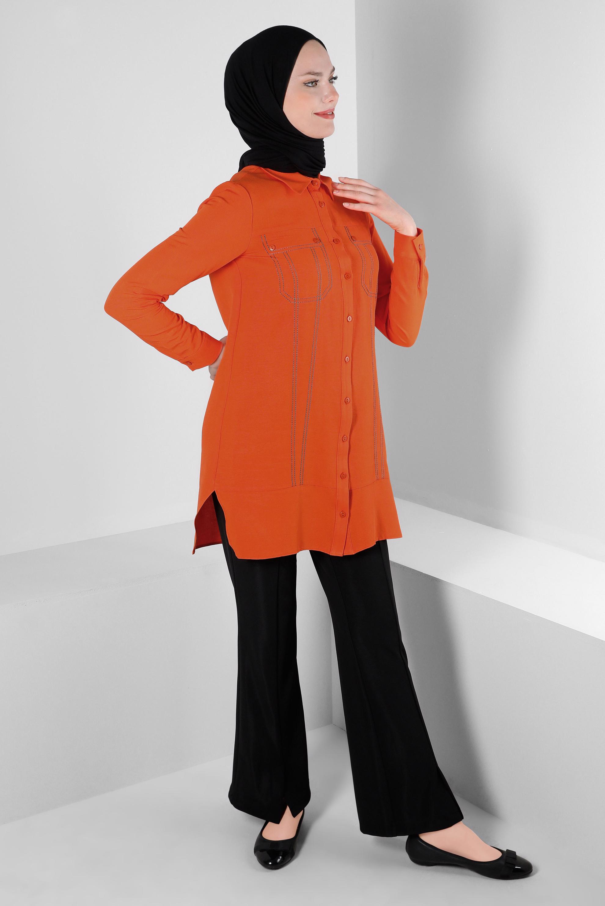 Tesettür giyim TURUNCU DİKİŞ DETAYLI GÖMLEK TUNİK 43608