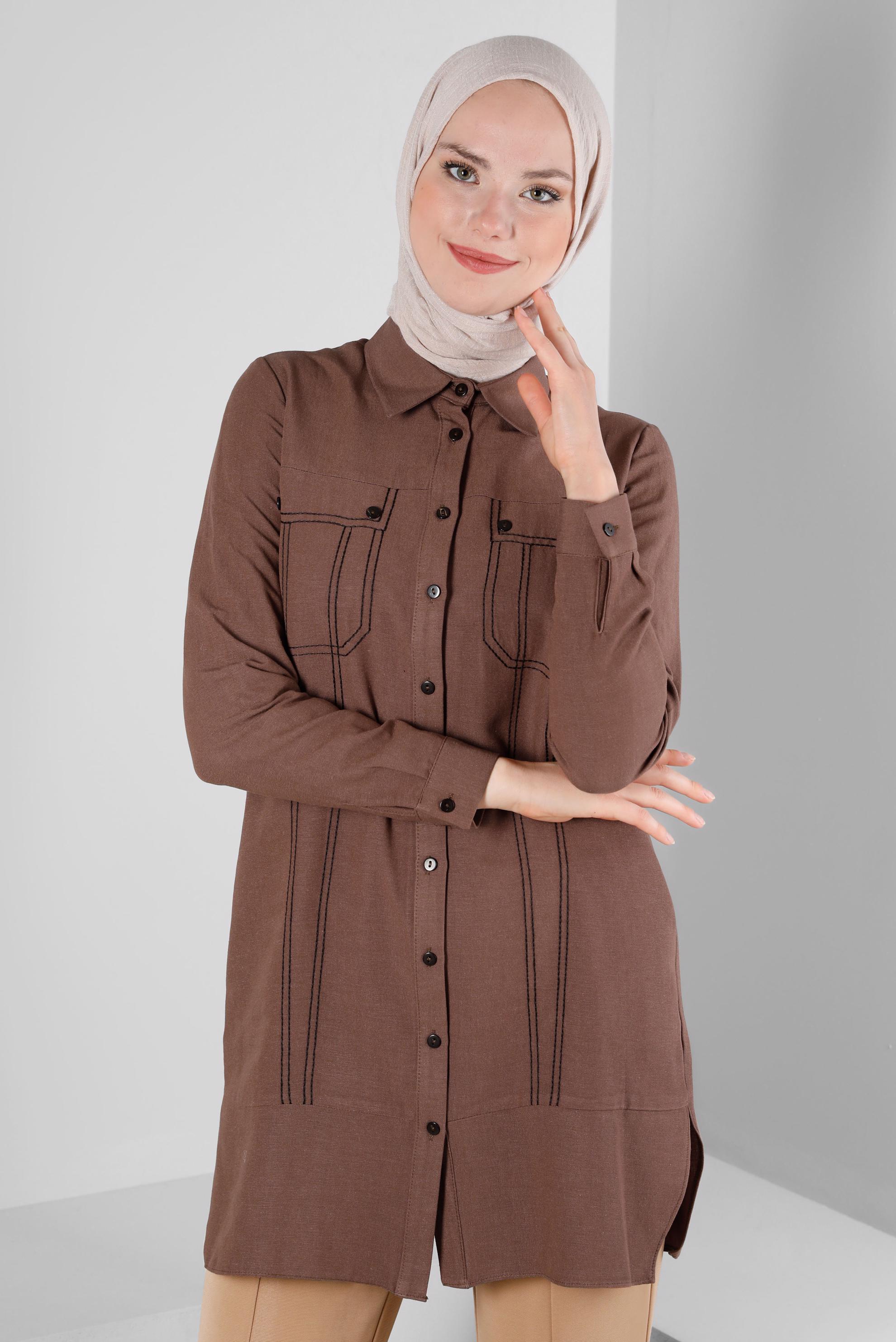 Tesettür giyim KAHVE DİKİŞ DETAYLI GÖMLEK TUNİK 43608