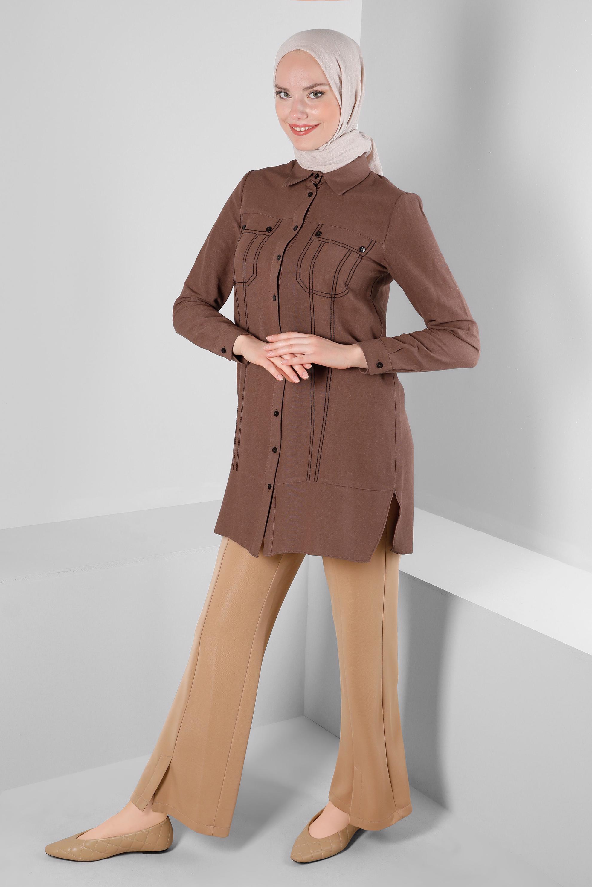 Tesettür giyim KAHVE DİKİŞ DETAYLI GÖMLEK TUNİK 43608