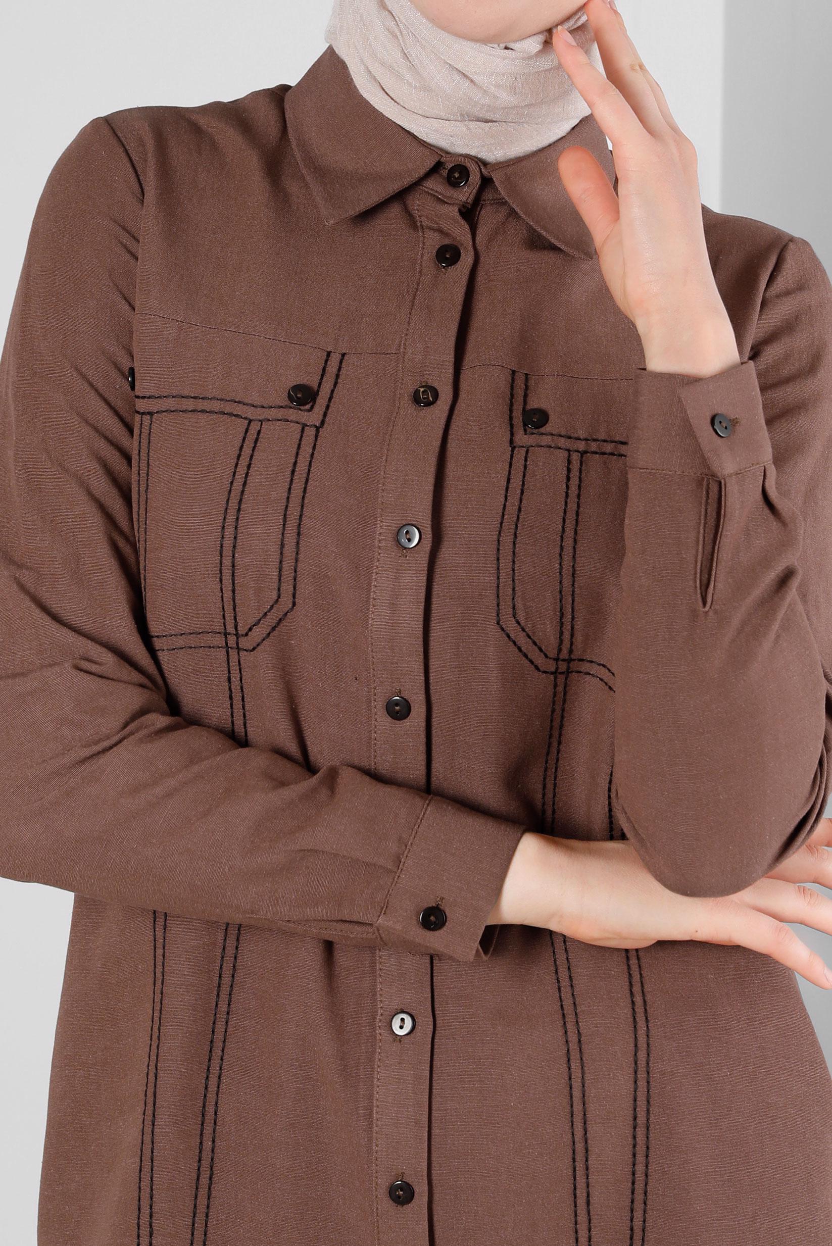 Tesettür giyim KAHVE DİKİŞ DETAYLI GÖMLEK TUNİK 43608