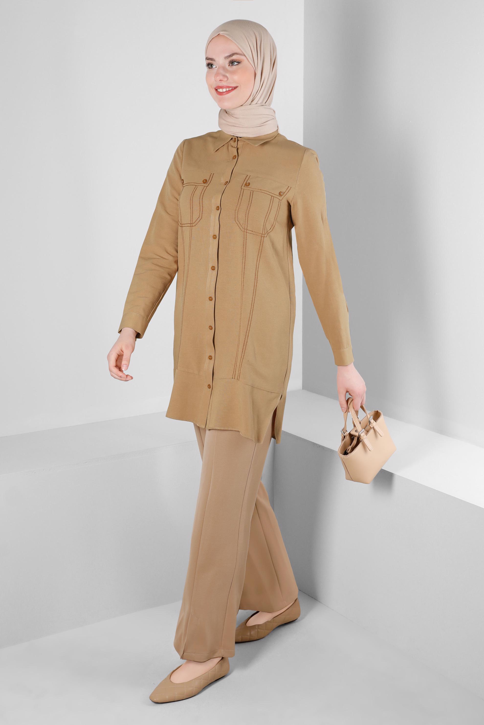 Tesettür giyim KAHVE DİKİŞ DETAYLI GÖMLEK TUNİK 43608