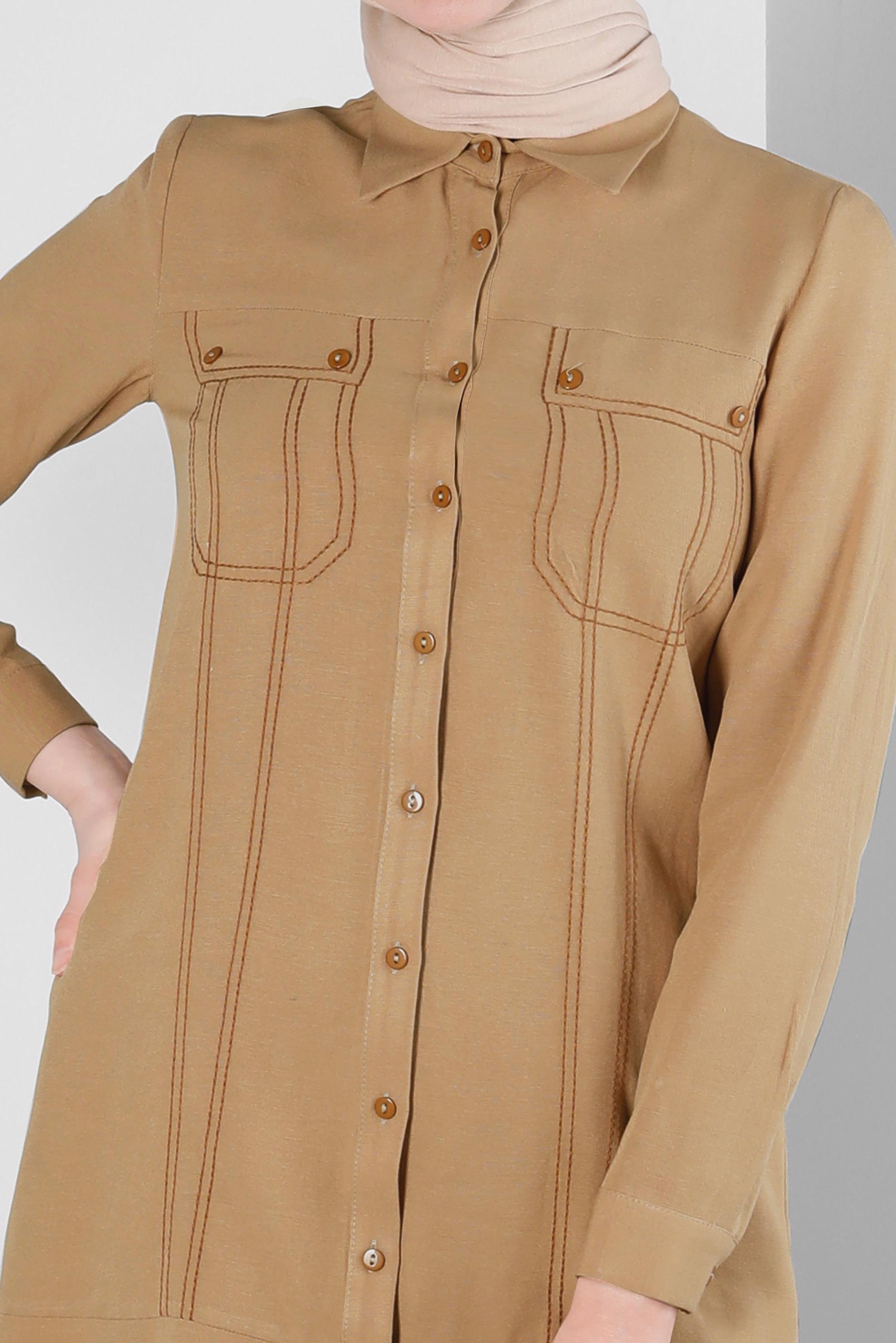 Tesettür giyim KAHVE DİKİŞ DETAYLI GÖMLEK TUNİK 43608