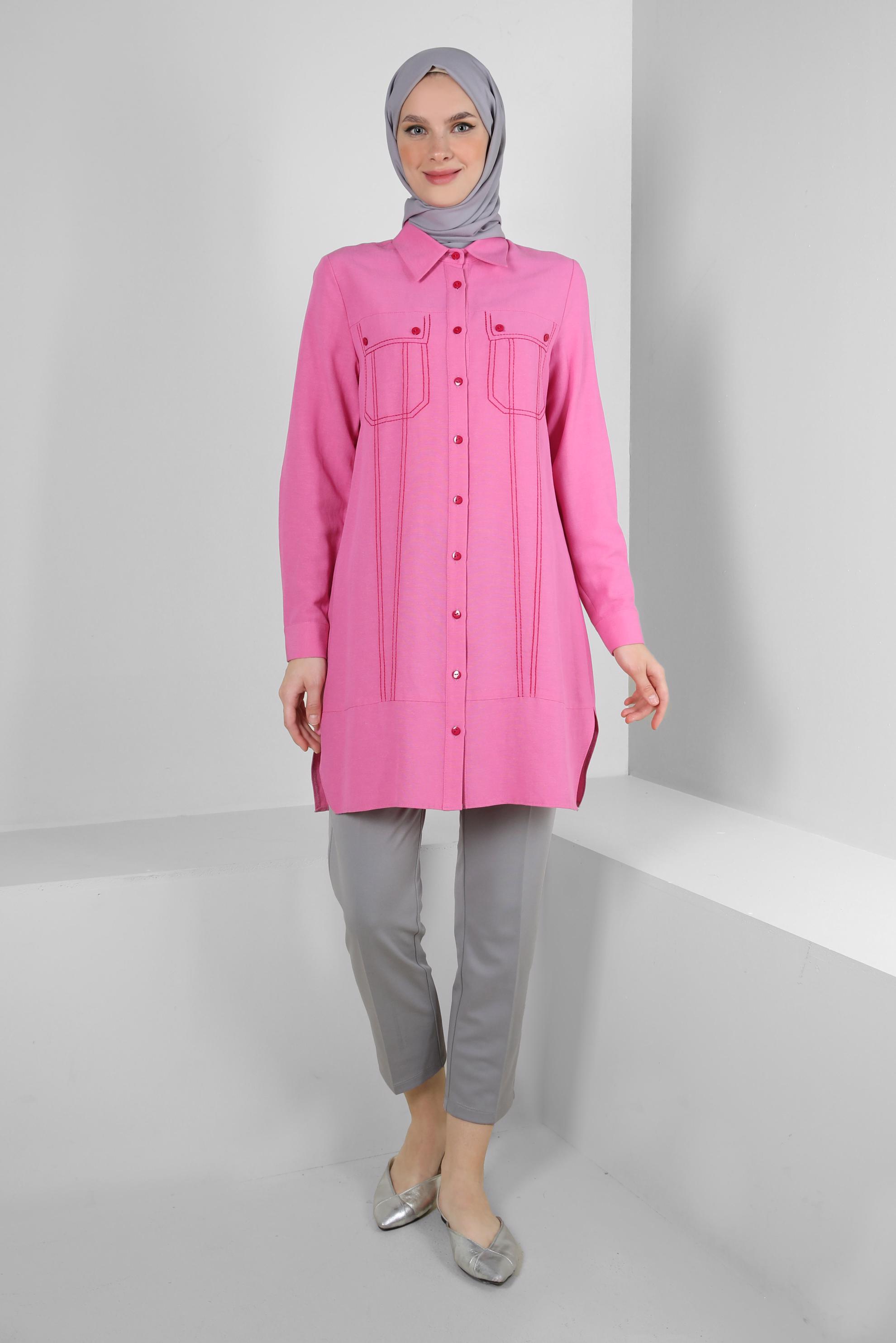 Tesettür giyim FUŞYA DİKİŞ DETAYLI GÖMLEK TUNİK 43608