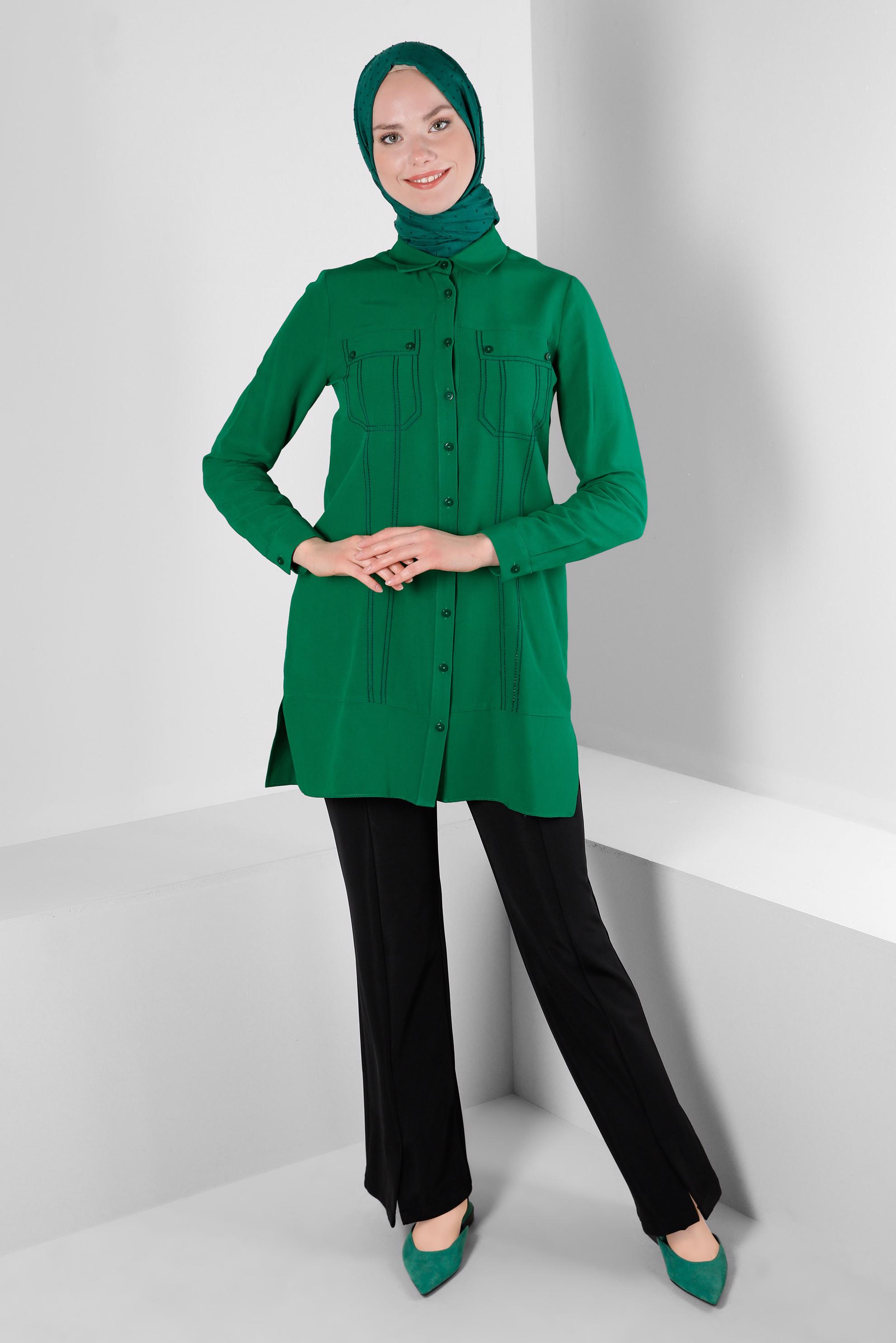Tesettür giyim YEŞİL DİKİŞ DETAYLI GÖMLEK TUNİK 43608