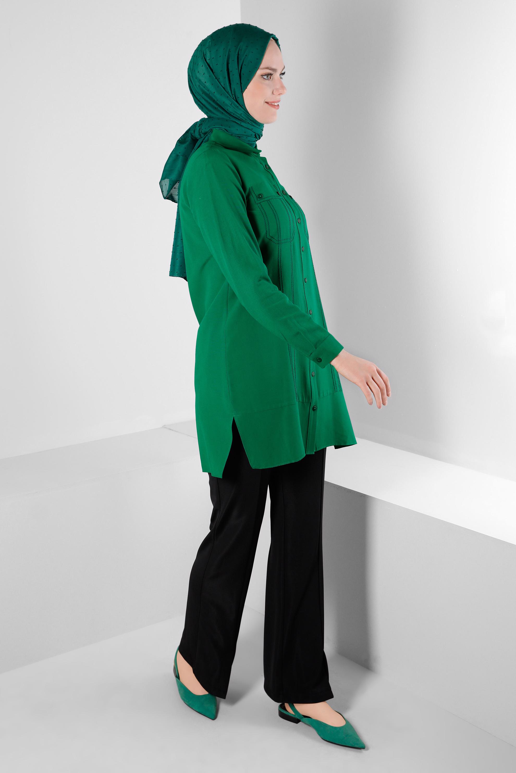 Tesettür giyim YEŞİL DİKİŞ DETAYLI GÖMLEK TUNİK 43608
