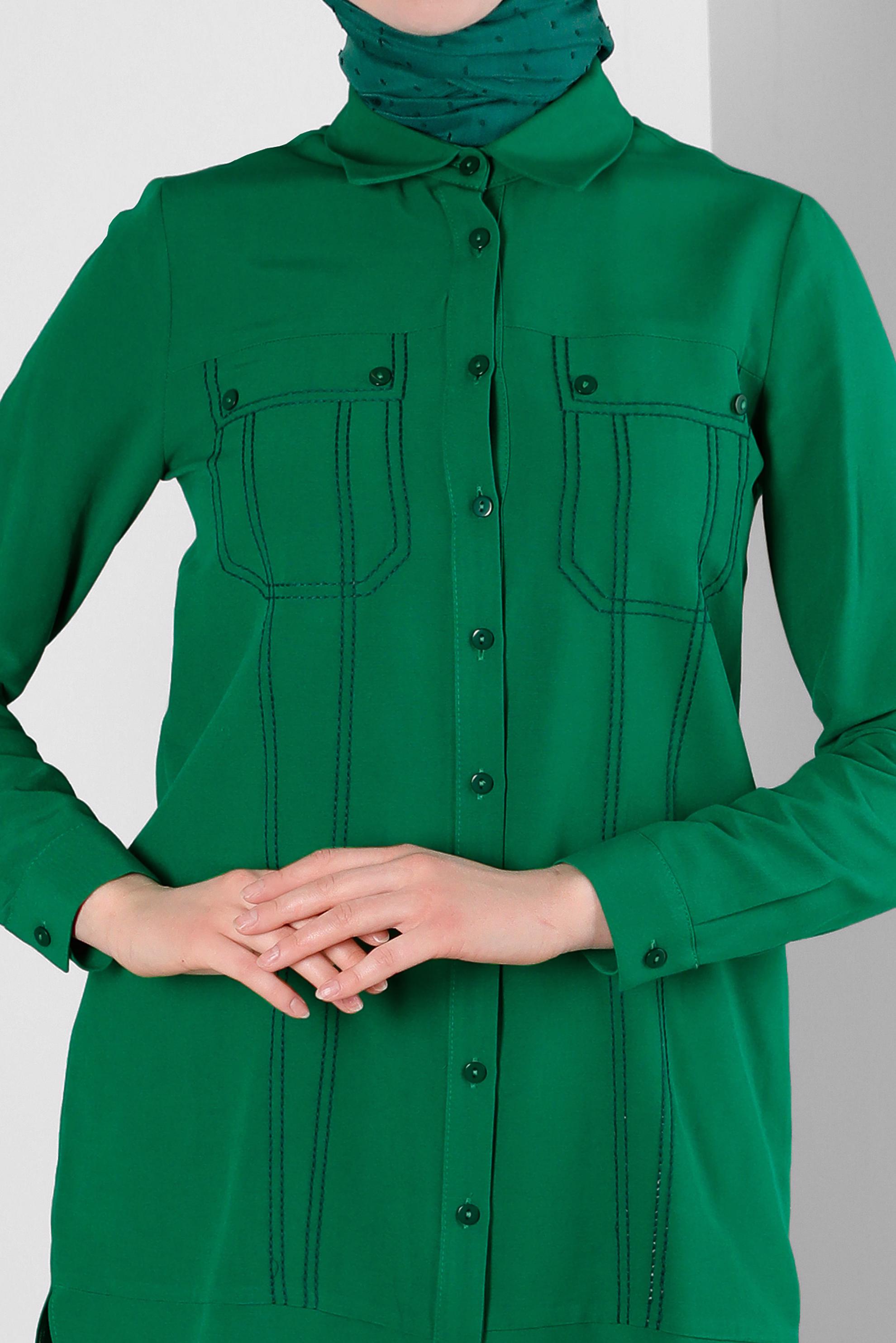 Tesettür giyim YEŞİL DİKİŞ DETAYLI GÖMLEK TUNİK 43608