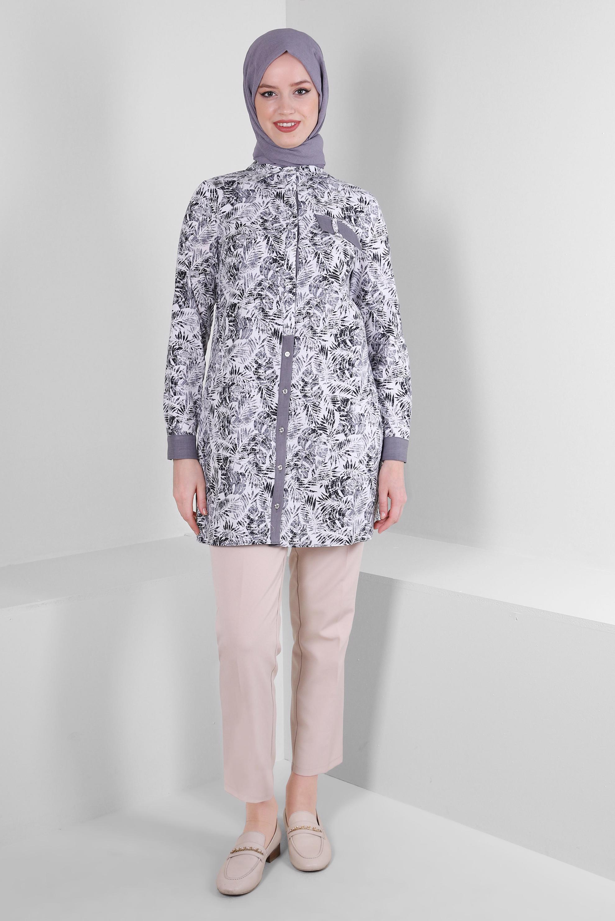 Tesettür giyim SİYAH YAPRAK DESENLİ GÖMLEK TUNİK 43609