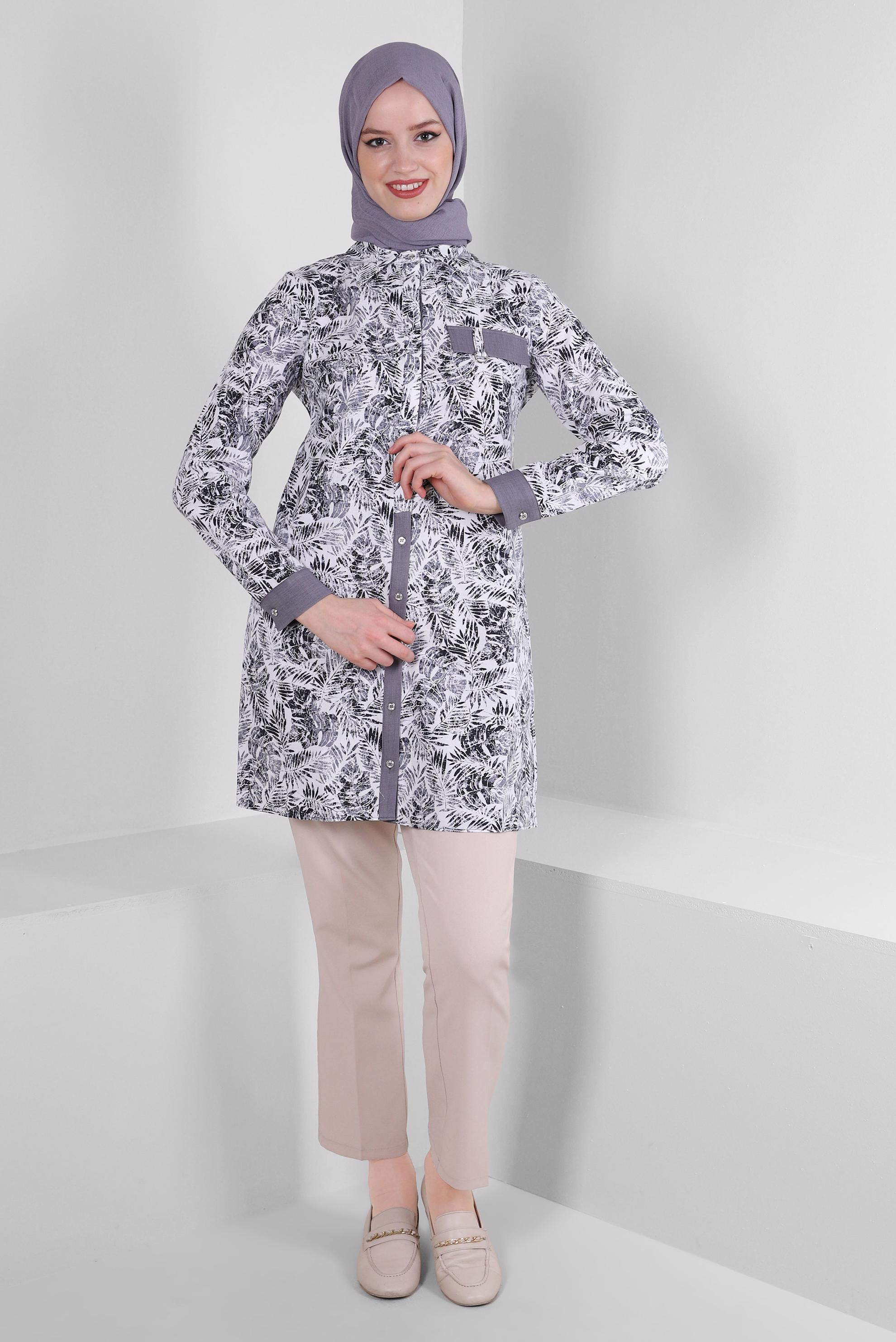 Tesettür giyim SİYAH YAPRAK DESENLİ GÖMLEK TUNİK 43609