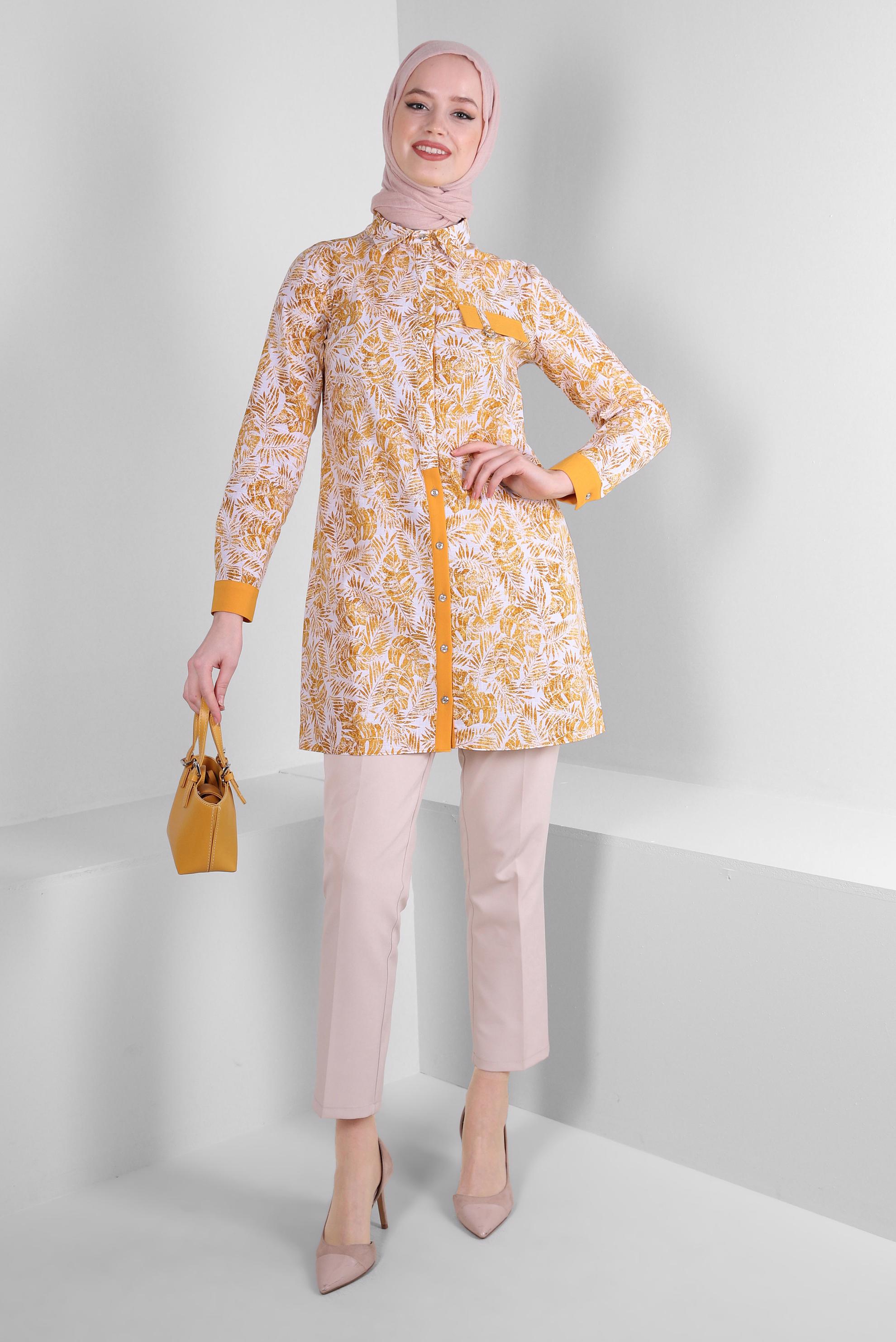 Tesettür giyim SARI YAPRAK DESENLİ GÖMLEK TUNİK 43609