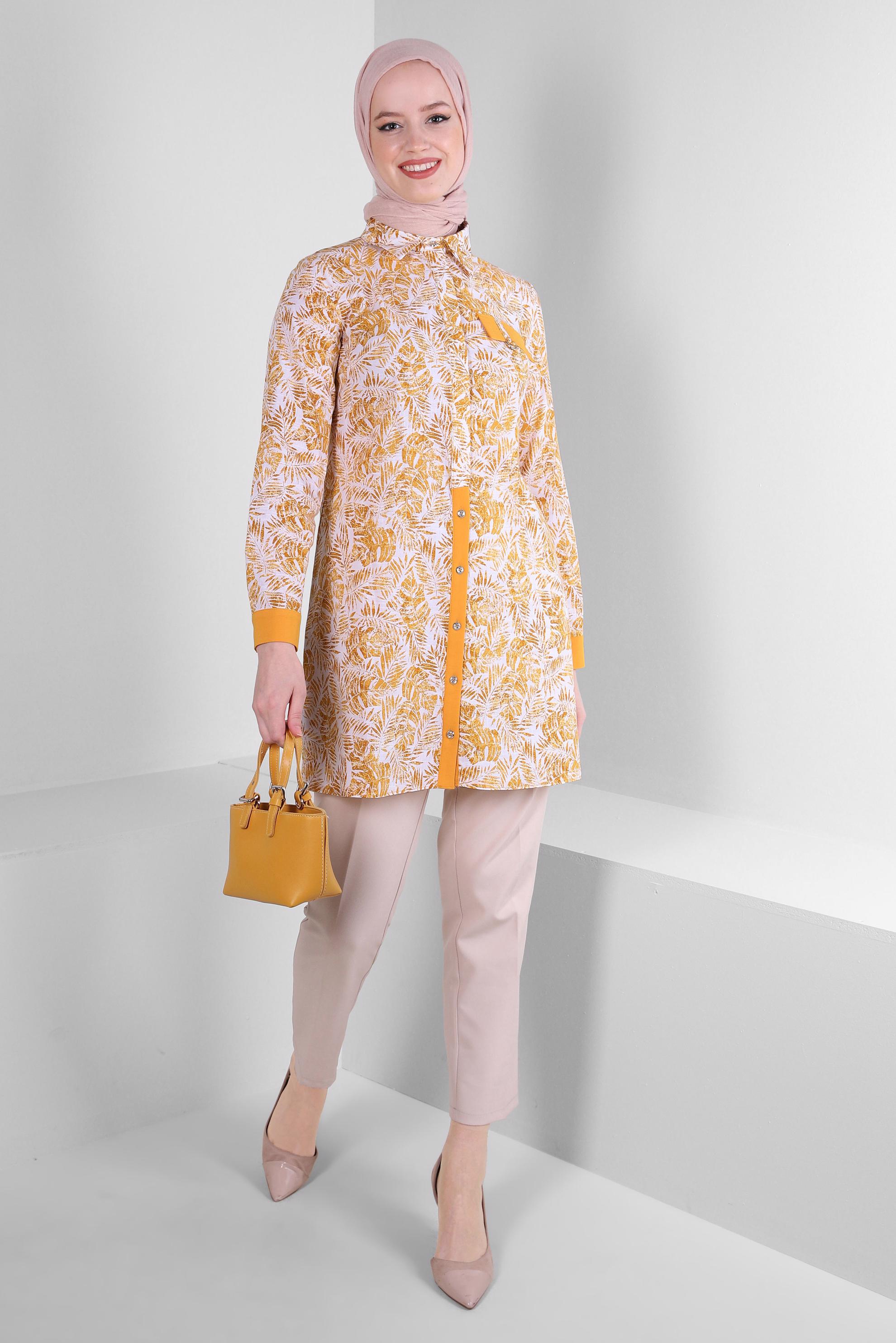 Tesettür giyim SARI YAPRAK DESENLİ GÖMLEK TUNİK 43609