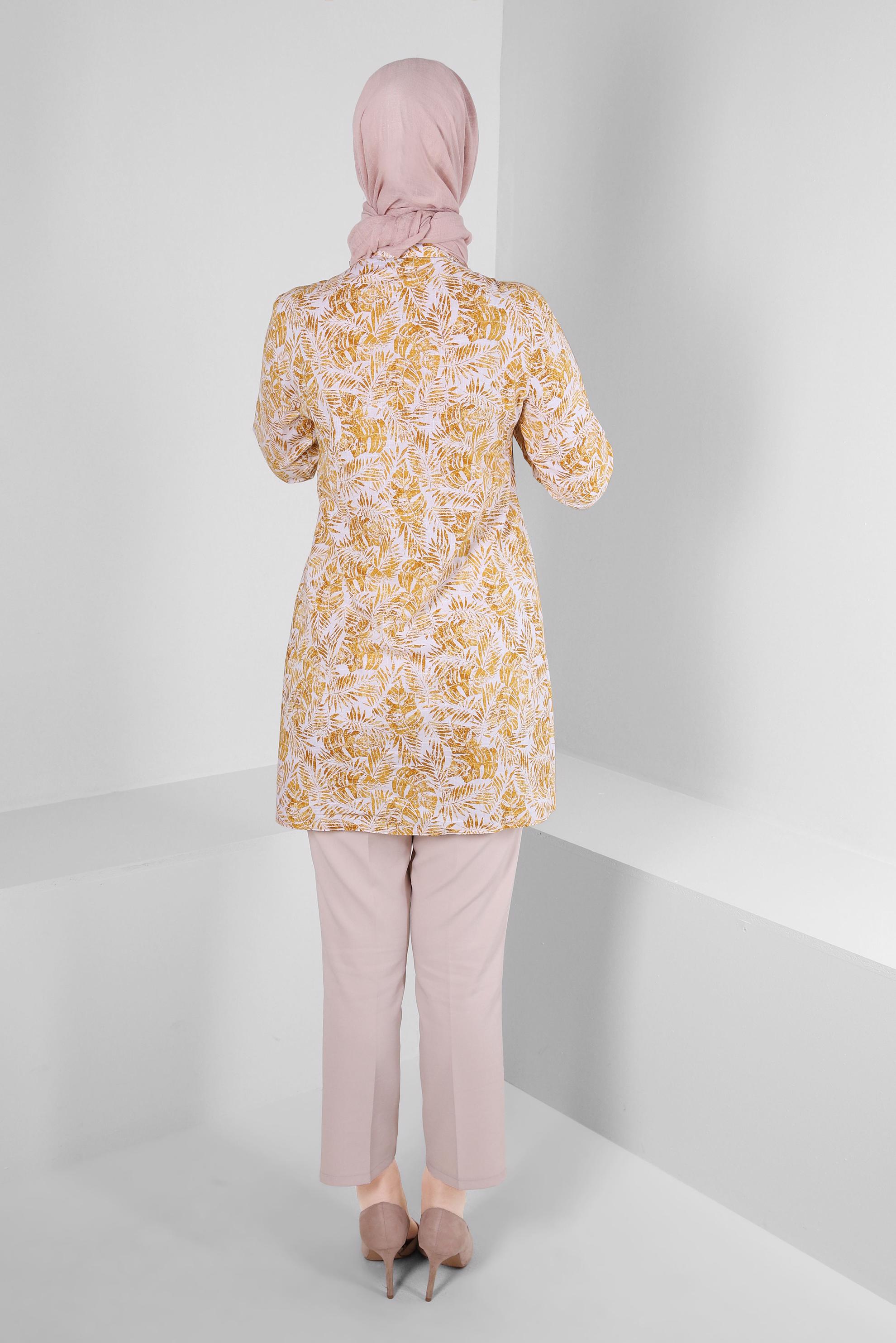 Tesettür giyim SARI YAPRAK DESENLİ GÖMLEK TUNİK 43609