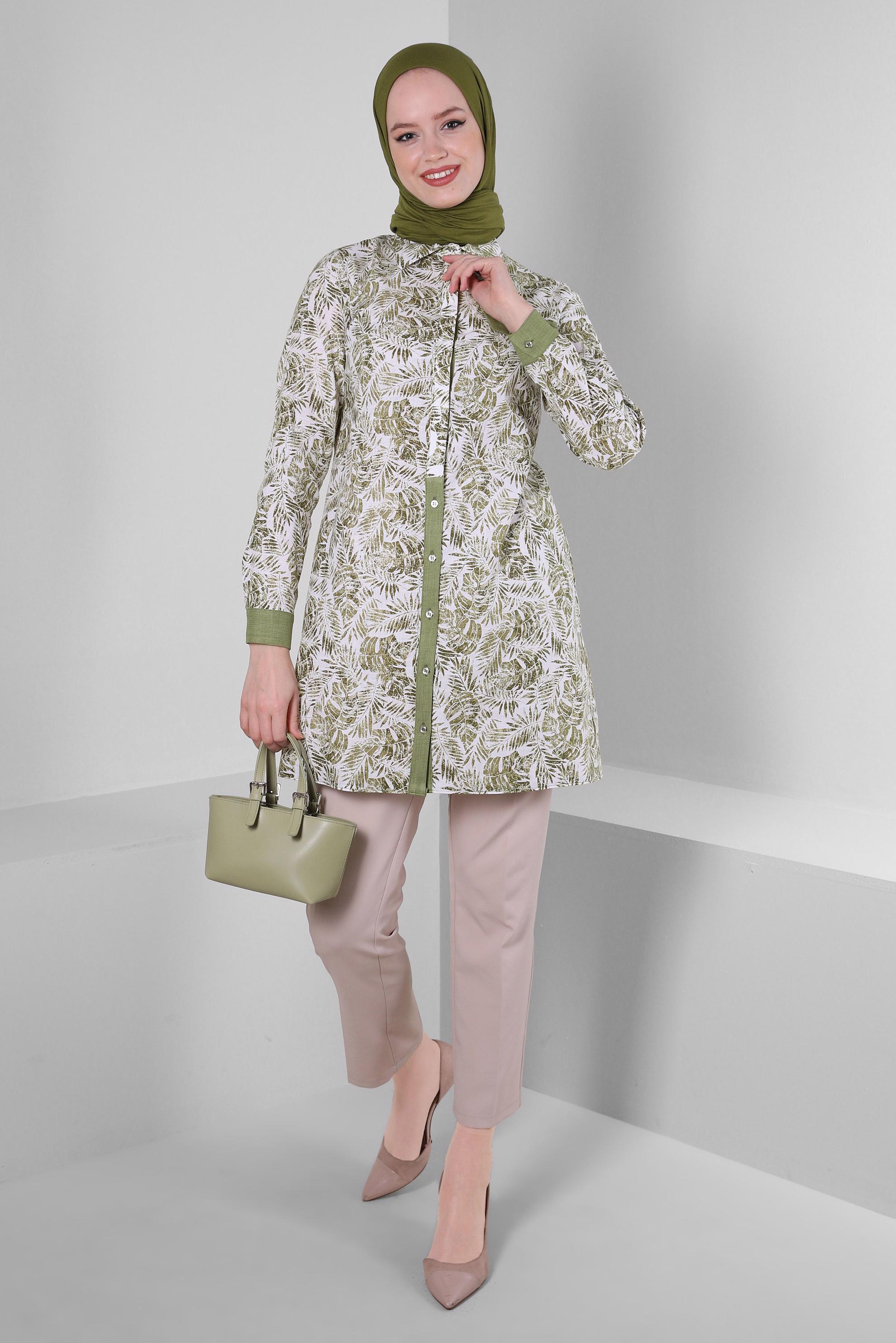 Tesettür giyim HAKİ YAPRAK DESENLİ GÖMLEK TUNİK 43609