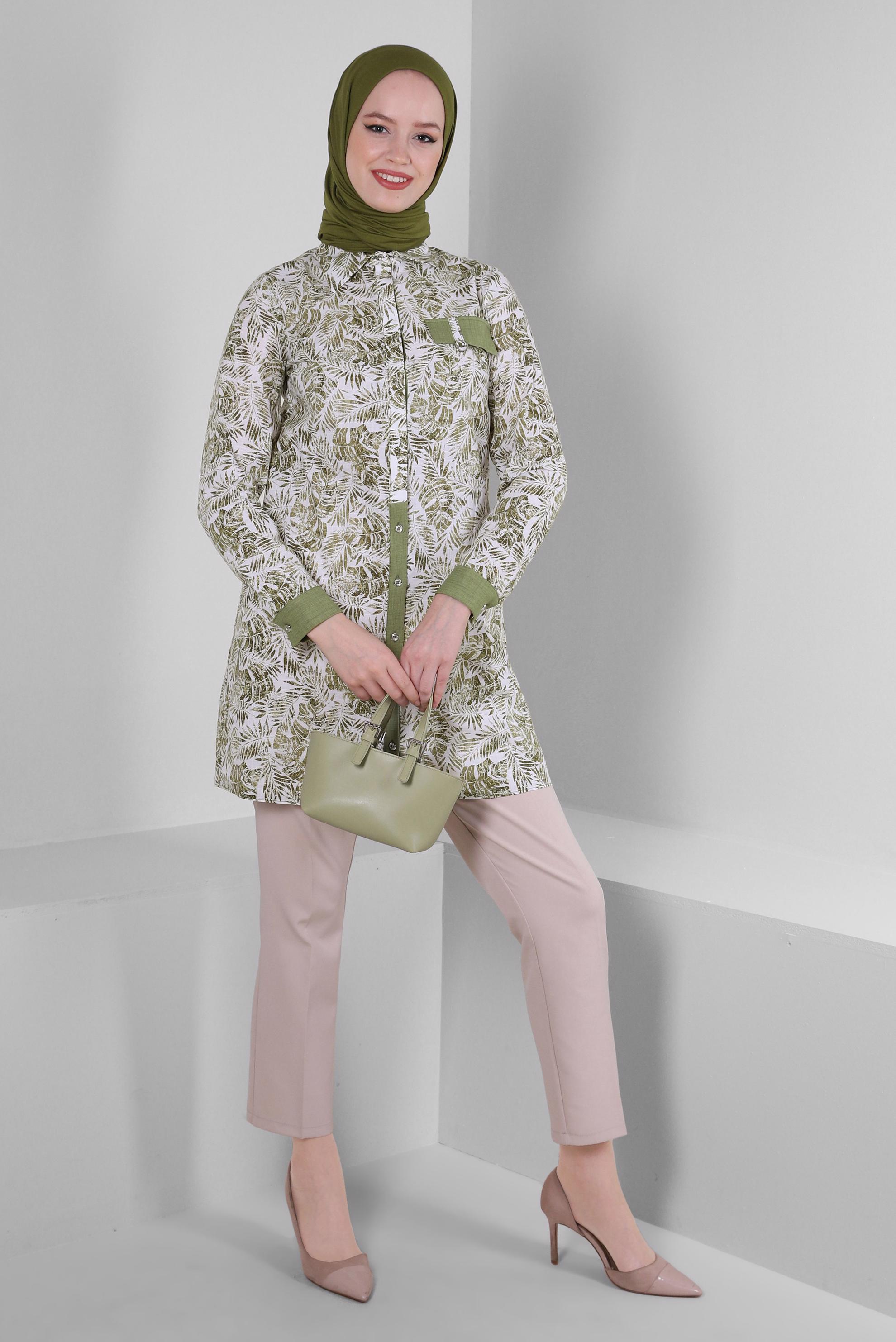 Tesettür giyim HAKİ YAPRAK DESENLİ GÖMLEK TUNİK 43609