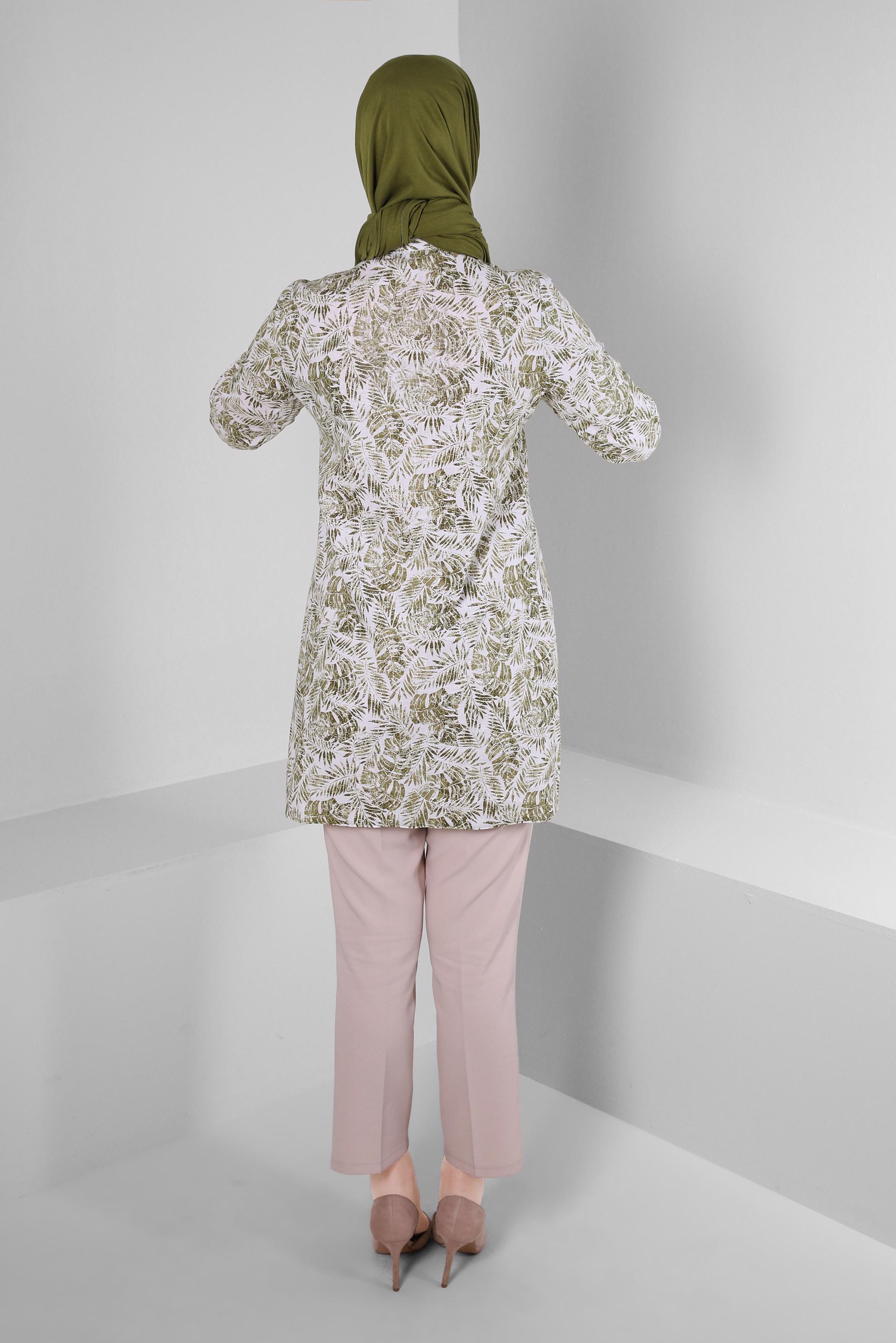 Tesettür giyim HAKİ YAPRAK DESENLİ GÖMLEK TUNİK 43609