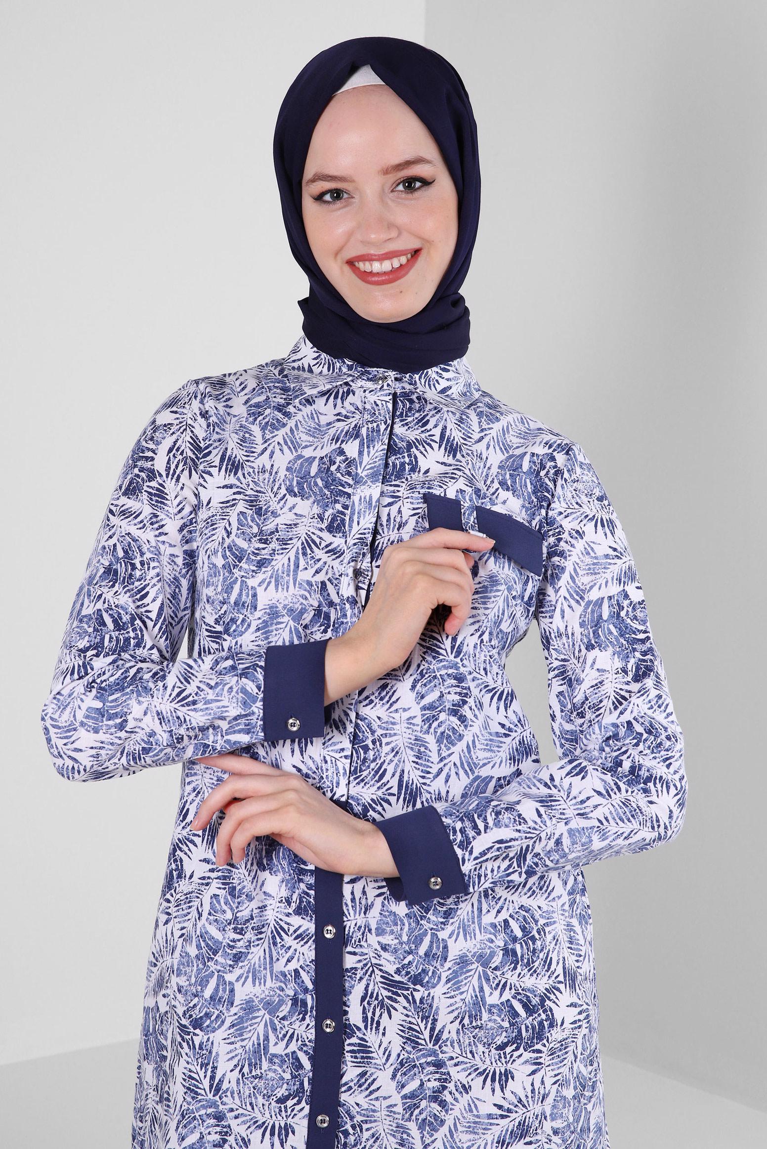 Tesettür giyim LACİVERT YAPRAK DESENLİ GÖMLEK TUNİK 43609