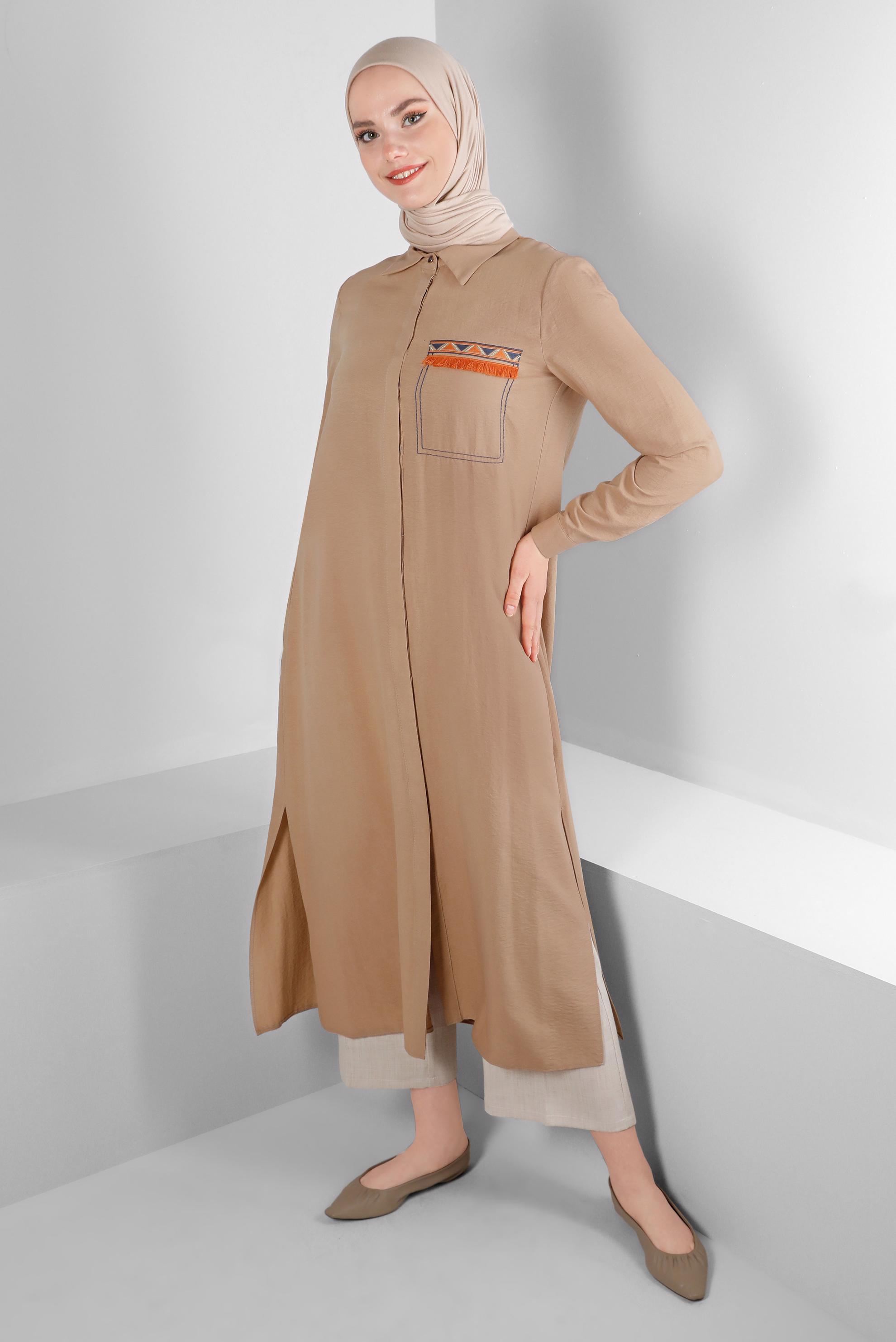 Tesettür giyim KAHVE CEP GÖRÜNÜMLÜ PÜSKÜL DETAYLI TUNİK 43611