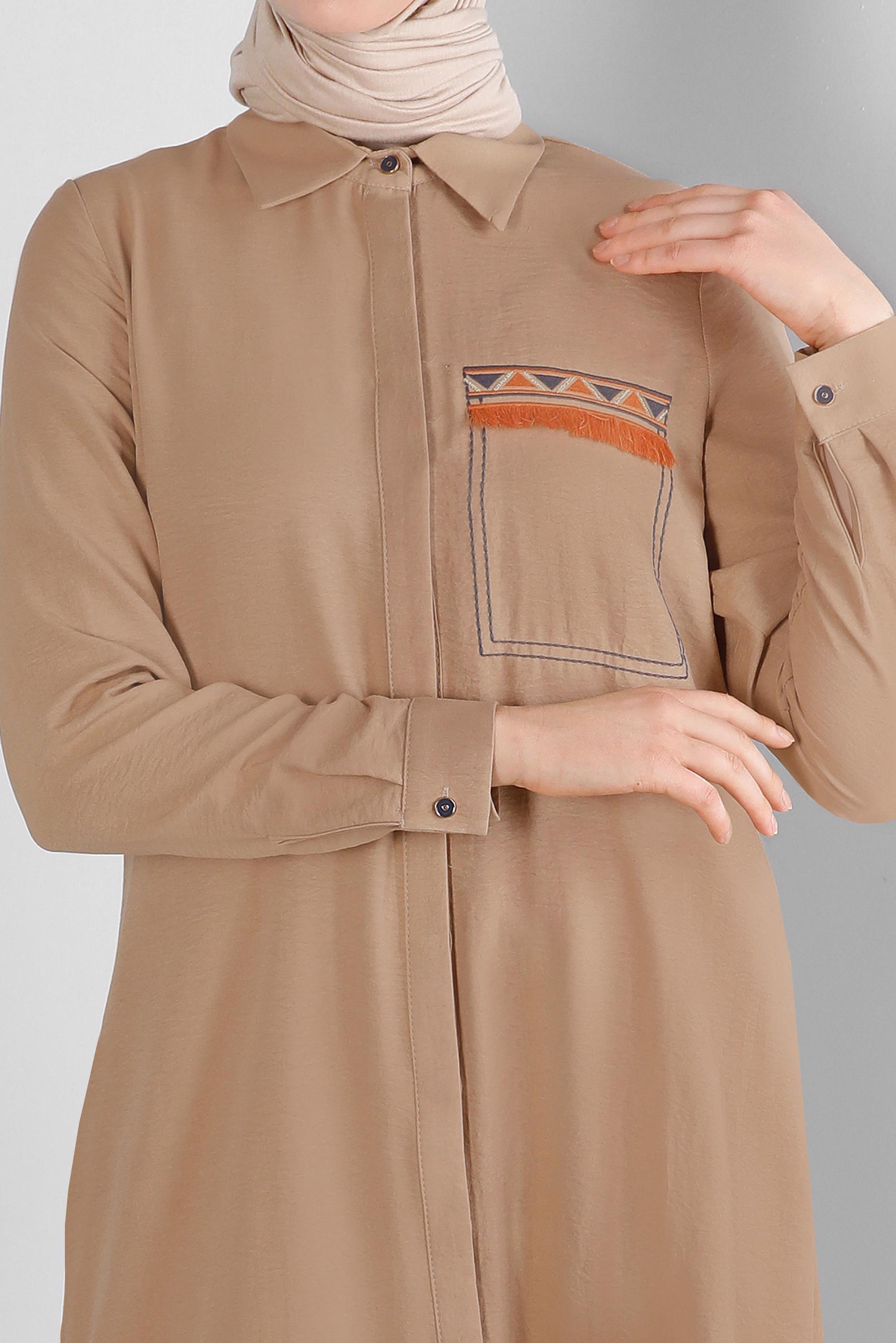 Tesettür giyim KAHVE CEP GÖRÜNÜMLÜ PÜSKÜL DETAYLI TUNİK 43611