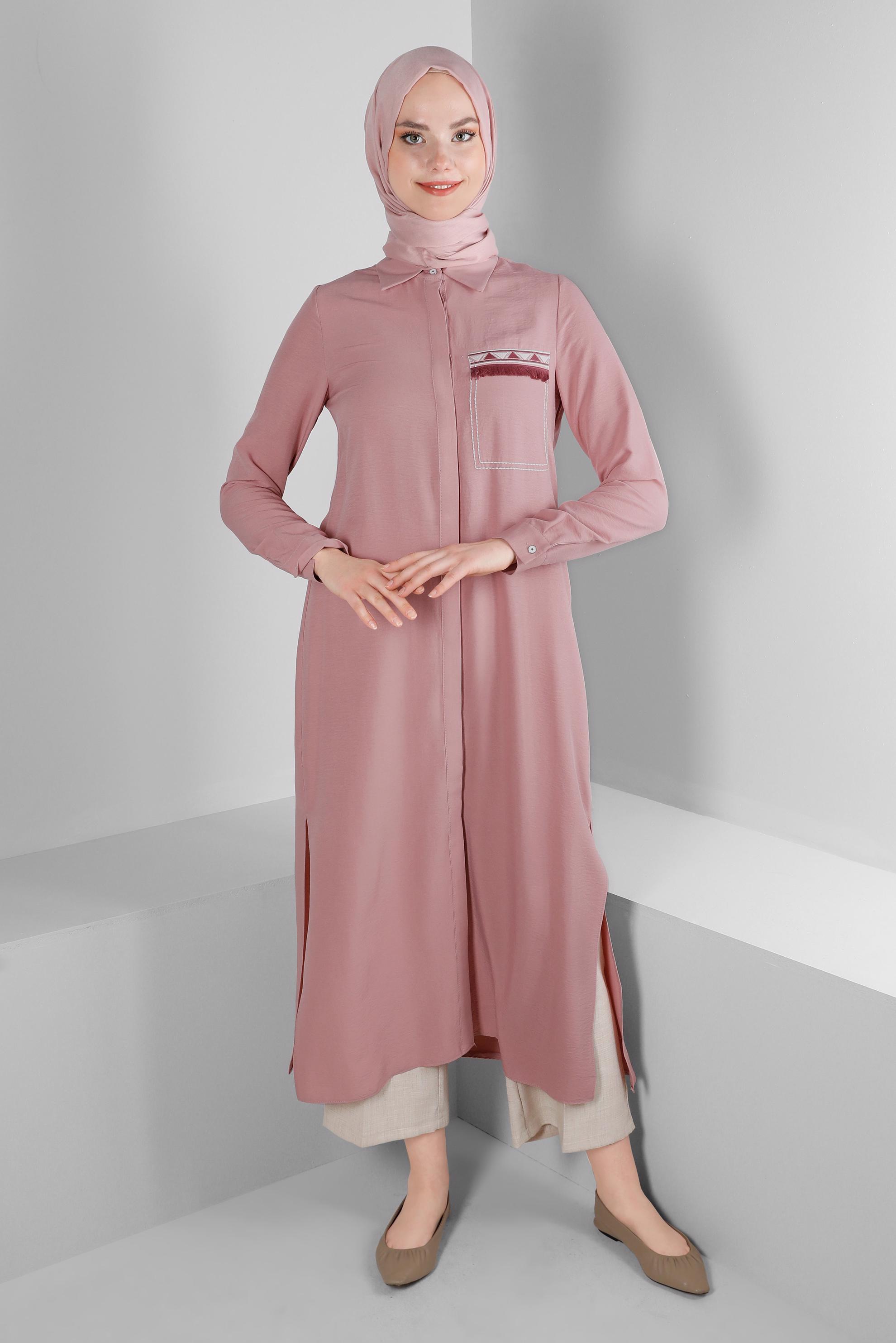 Tesettür giyim PUDRA CEP GÖRÜNÜMLÜ PÜSKÜL DETAYLI TUNİK 43611
