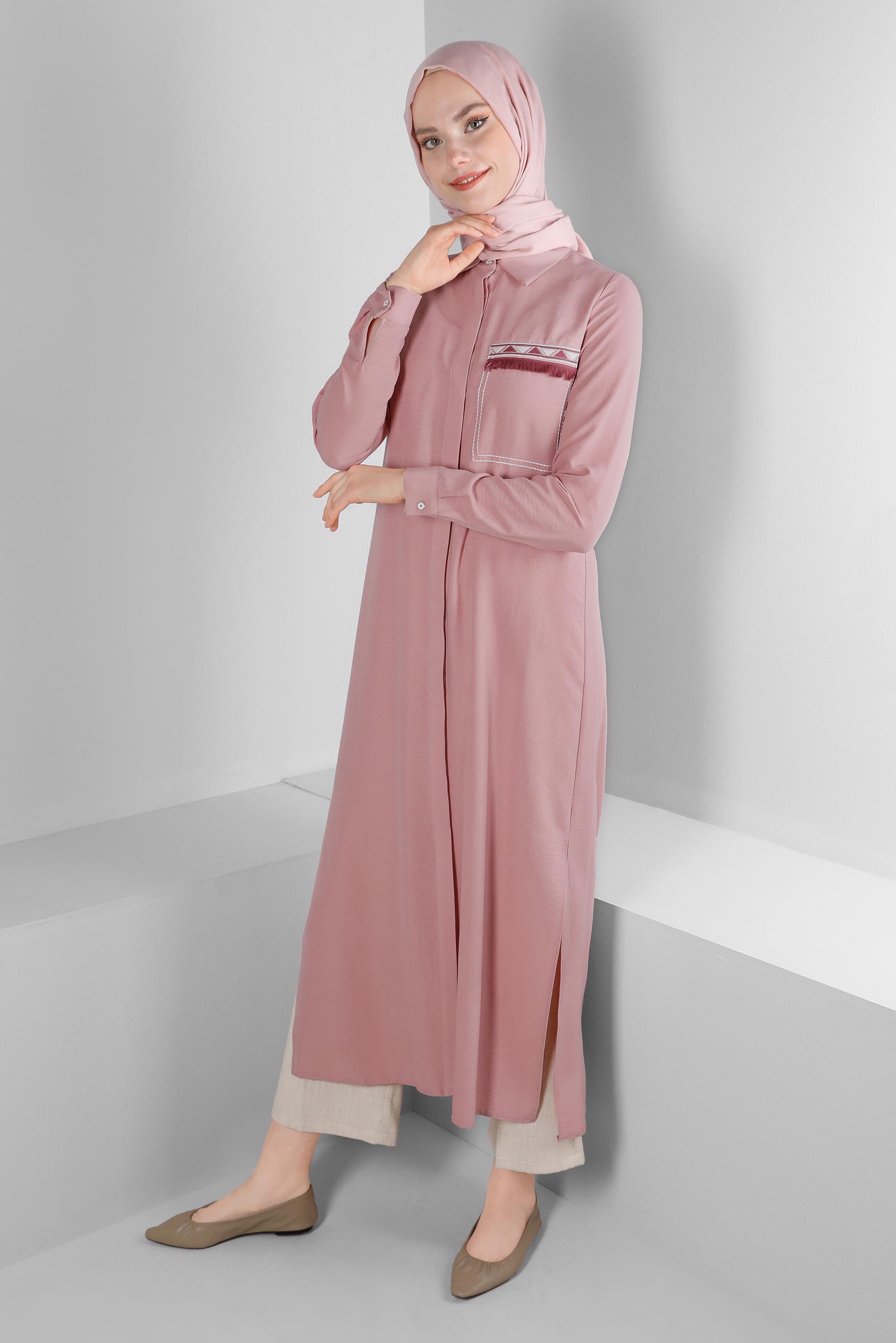 Tesettür giyim PUDRA CEP GÖRÜNÜMLÜ PÜSKÜL DETAYLI TUNİK 43611