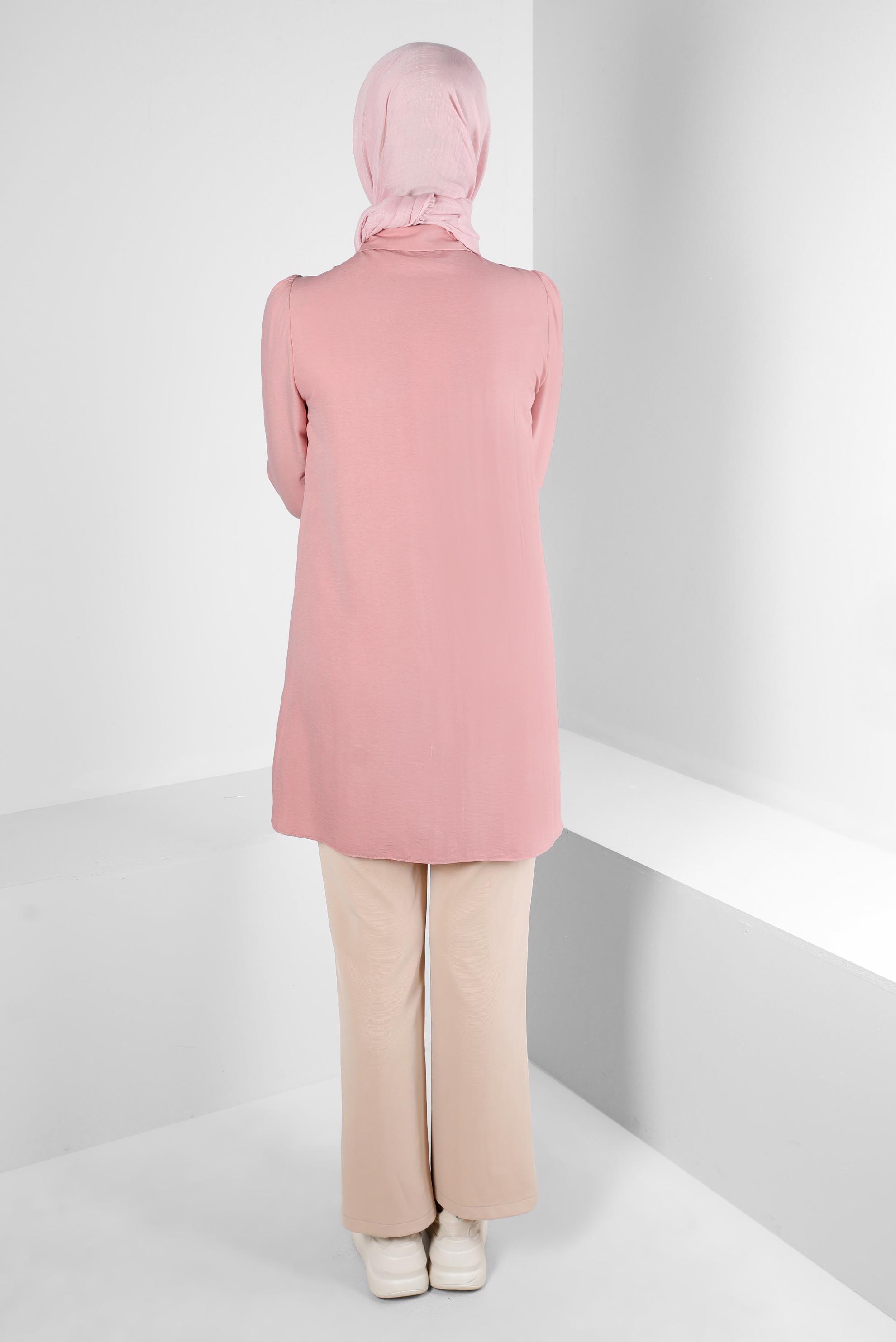 Tesettür giyim PUDRA DİKİŞ DETAYLI PÜSKÜLLÜ GÖMLEK TUNİK 43612