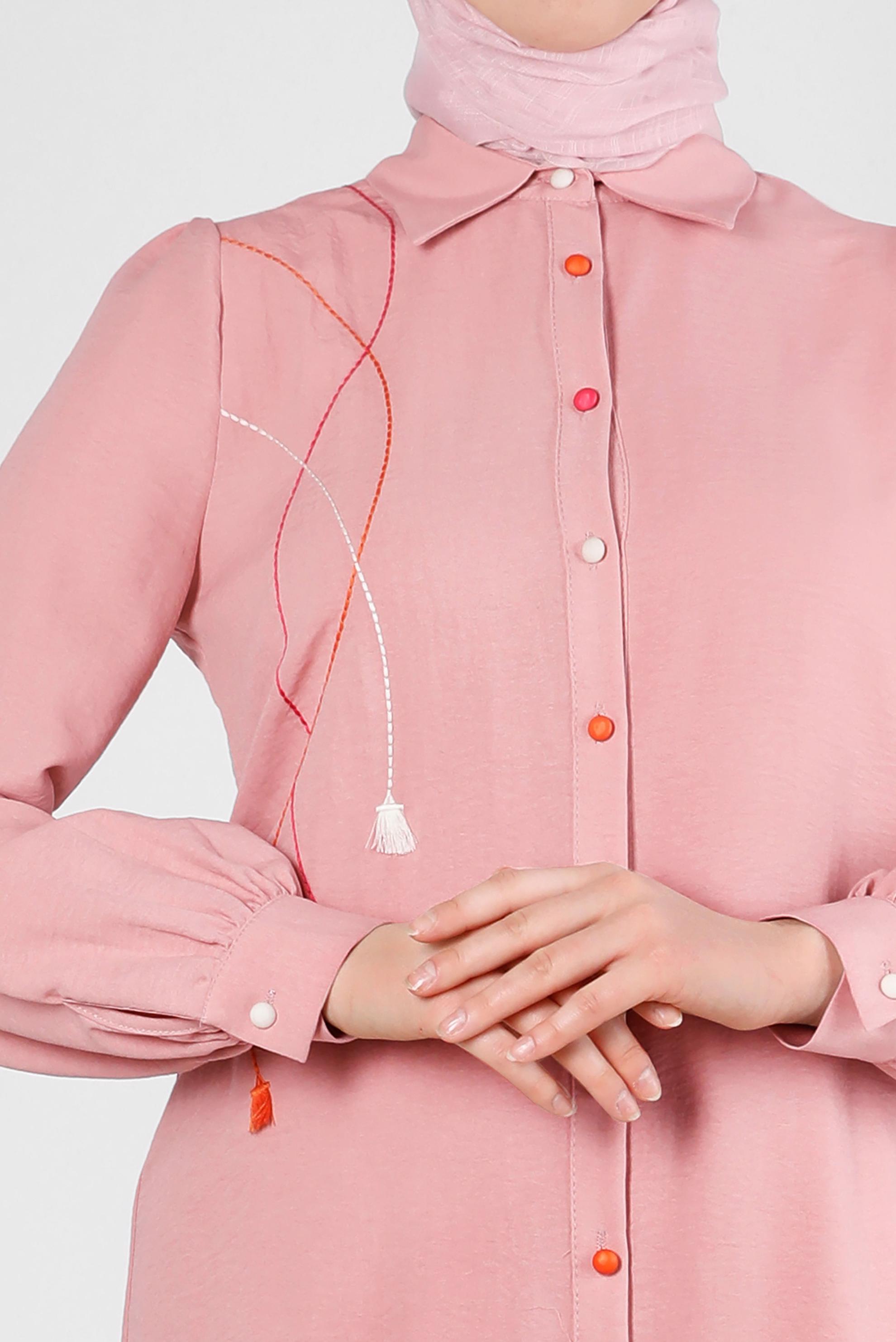 Tesettür giyim PUDRA DİKİŞ DETAYLI PÜSKÜLLÜ GÖMLEK TUNİK 43612