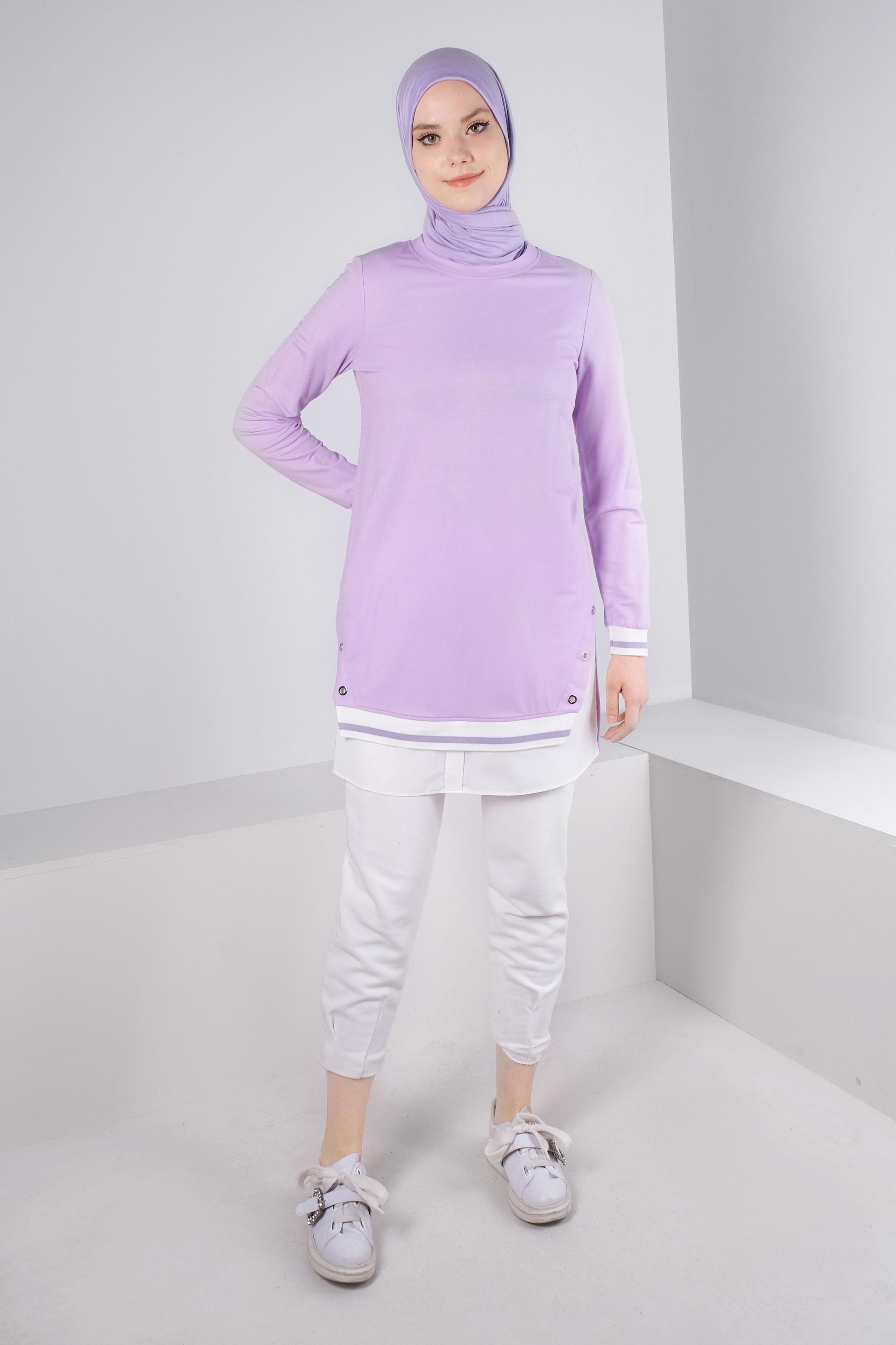 Tesettür giyim MOR KUŞGÖZÜ DETAYLI MANŞETLERİ LASTİKLİ TUNİK 43618