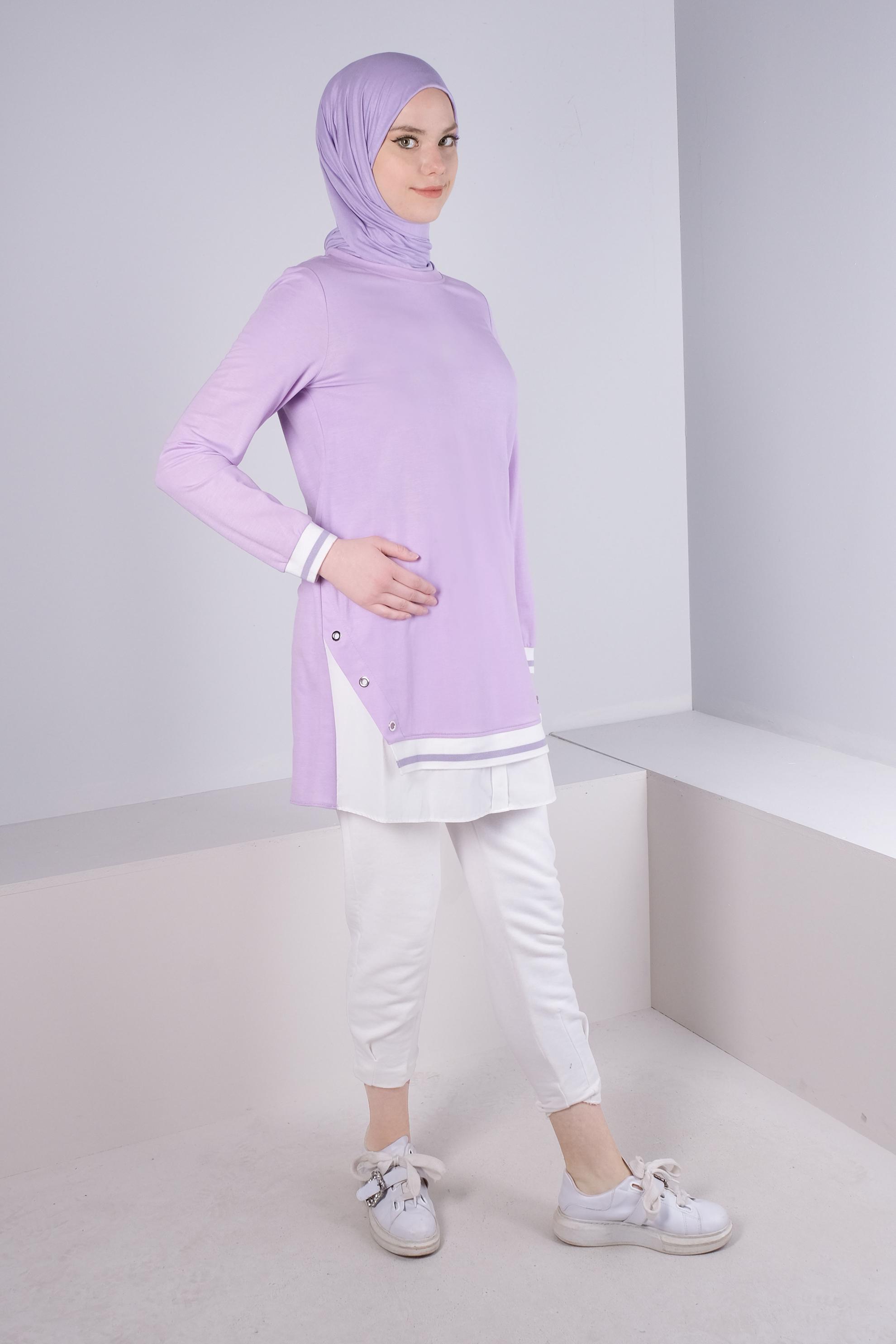 Tesettür giyim MOR KUŞGÖZÜ DETAYLI MANŞETLERİ LASTİKLİ TUNİK 43618
