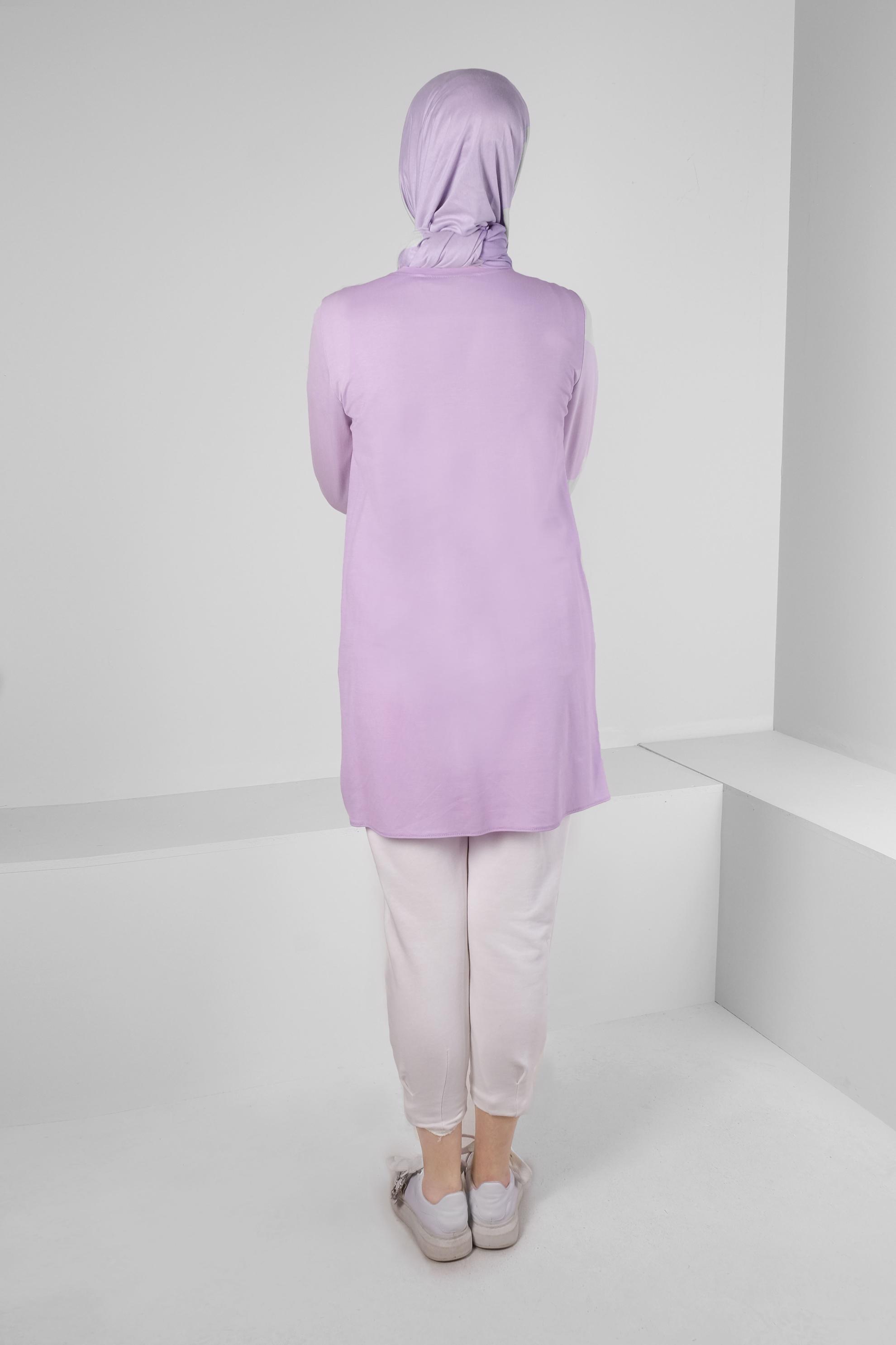 Tesettür giyim MOR KUŞGÖZÜ DETAYLI MANŞETLERİ LASTİKLİ TUNİK 43618
