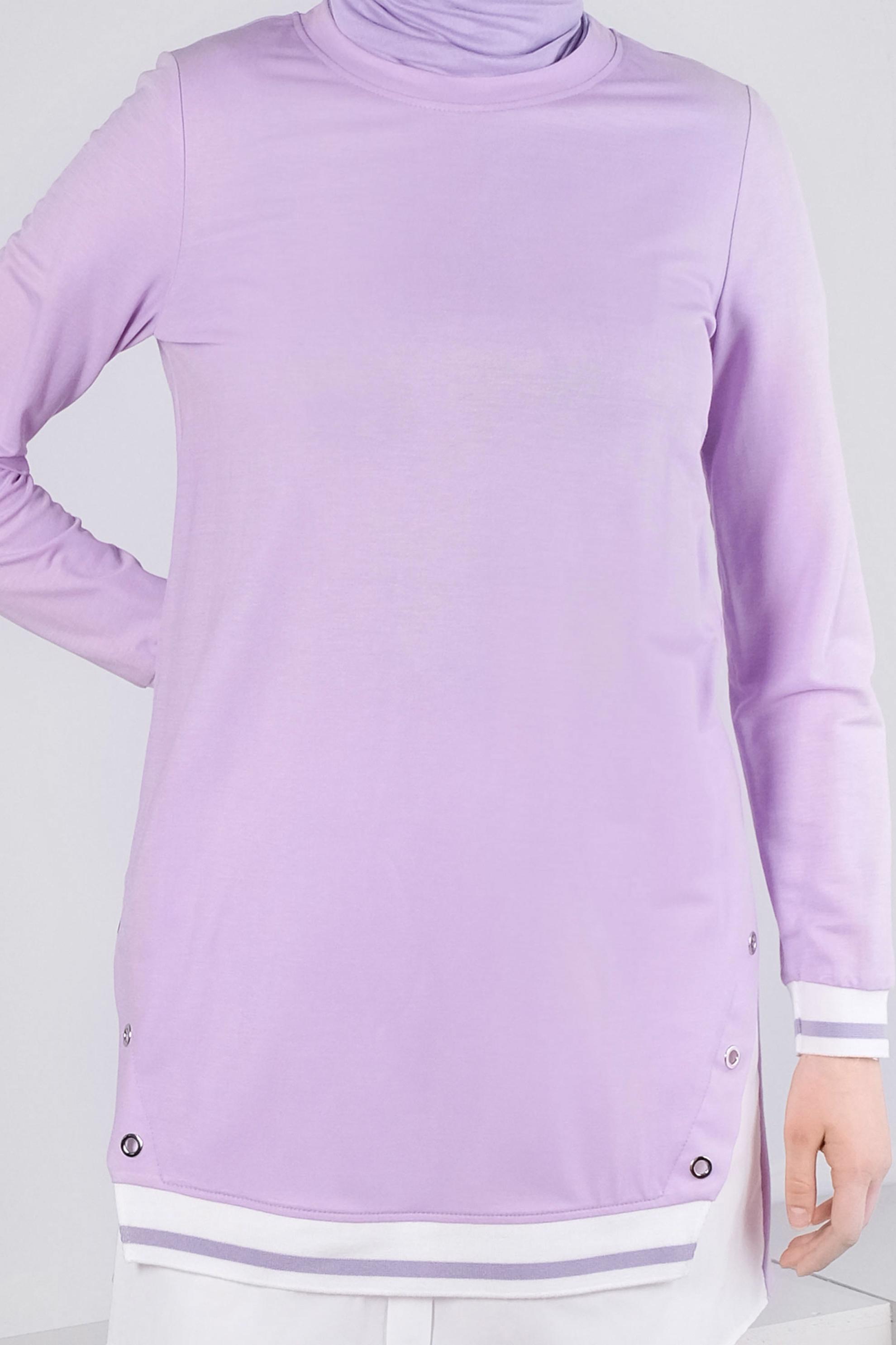 Tesettür giyim MOR KUŞGÖZÜ DETAYLI MANŞETLERİ LASTİKLİ TUNİK 43618