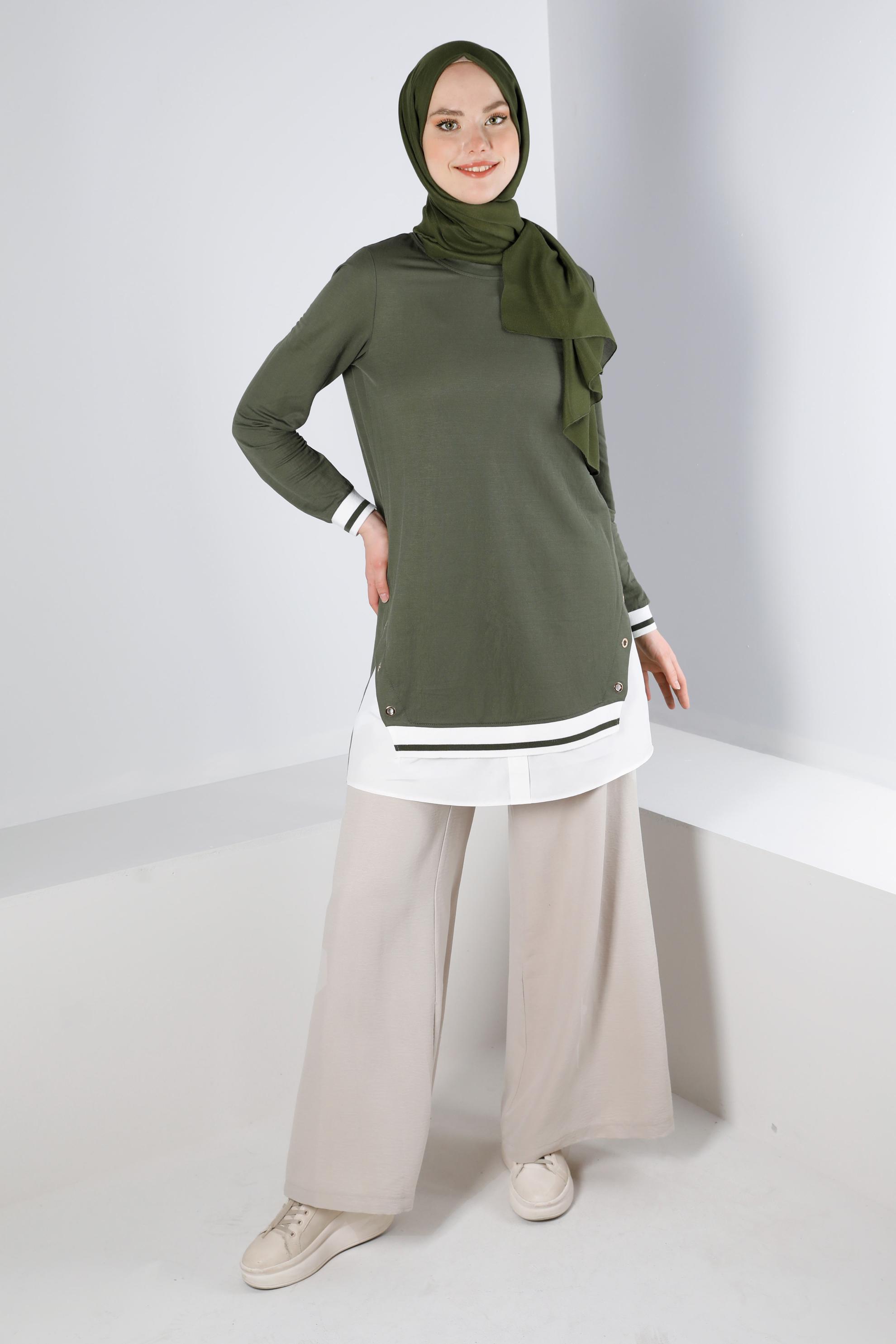 Tesettür giyim HAKİ KUŞGÖZÜ DETAYLI MANŞETLERİ LASTİKLİ TUNİK 43618