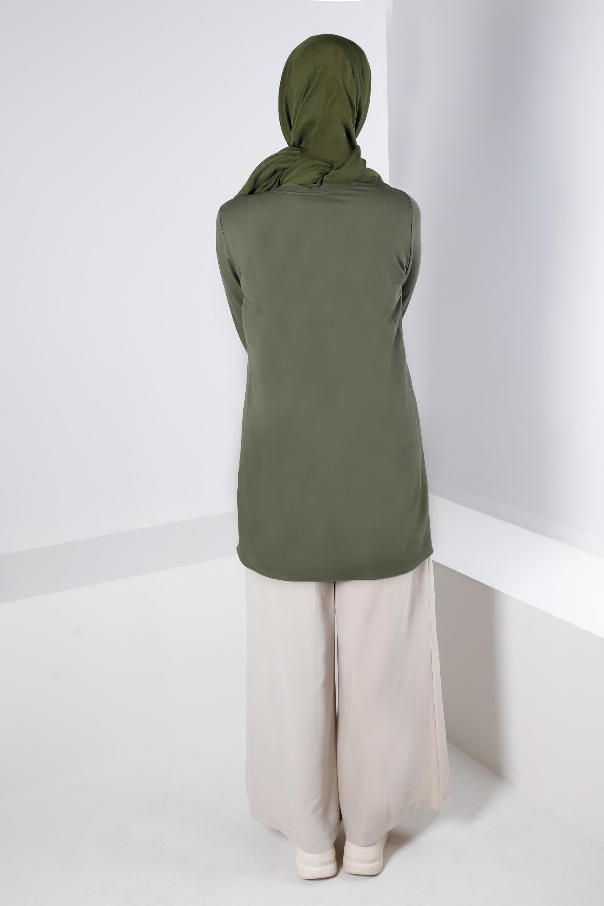 Tesettür giyim HAKİ KUŞGÖZÜ DETAYLI MANŞETLERİ LASTİKLİ TUNİK 43618