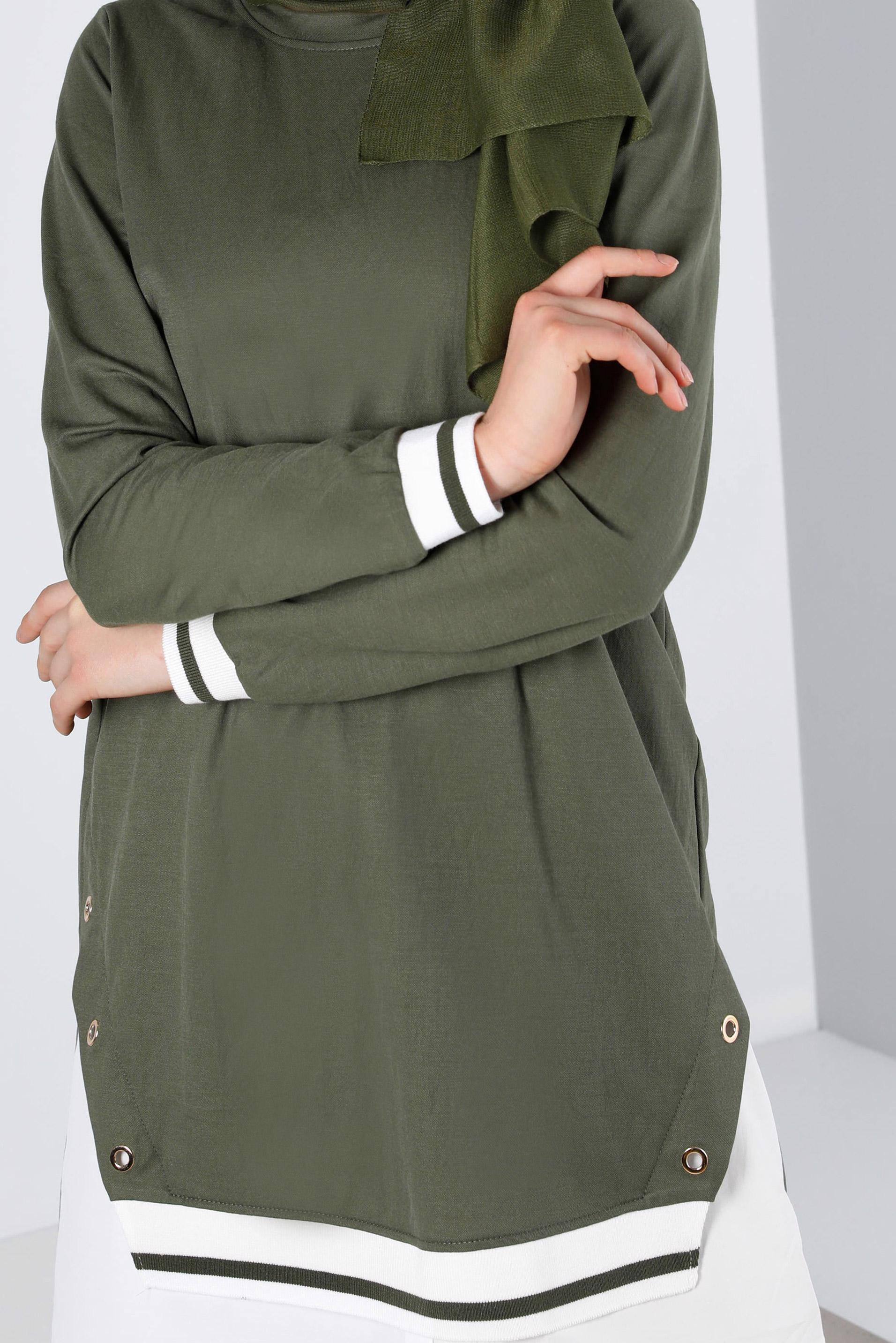 Tesettür giyim HAKİ KUŞGÖZÜ DETAYLI MANŞETLERİ LASTİKLİ TUNİK 43618